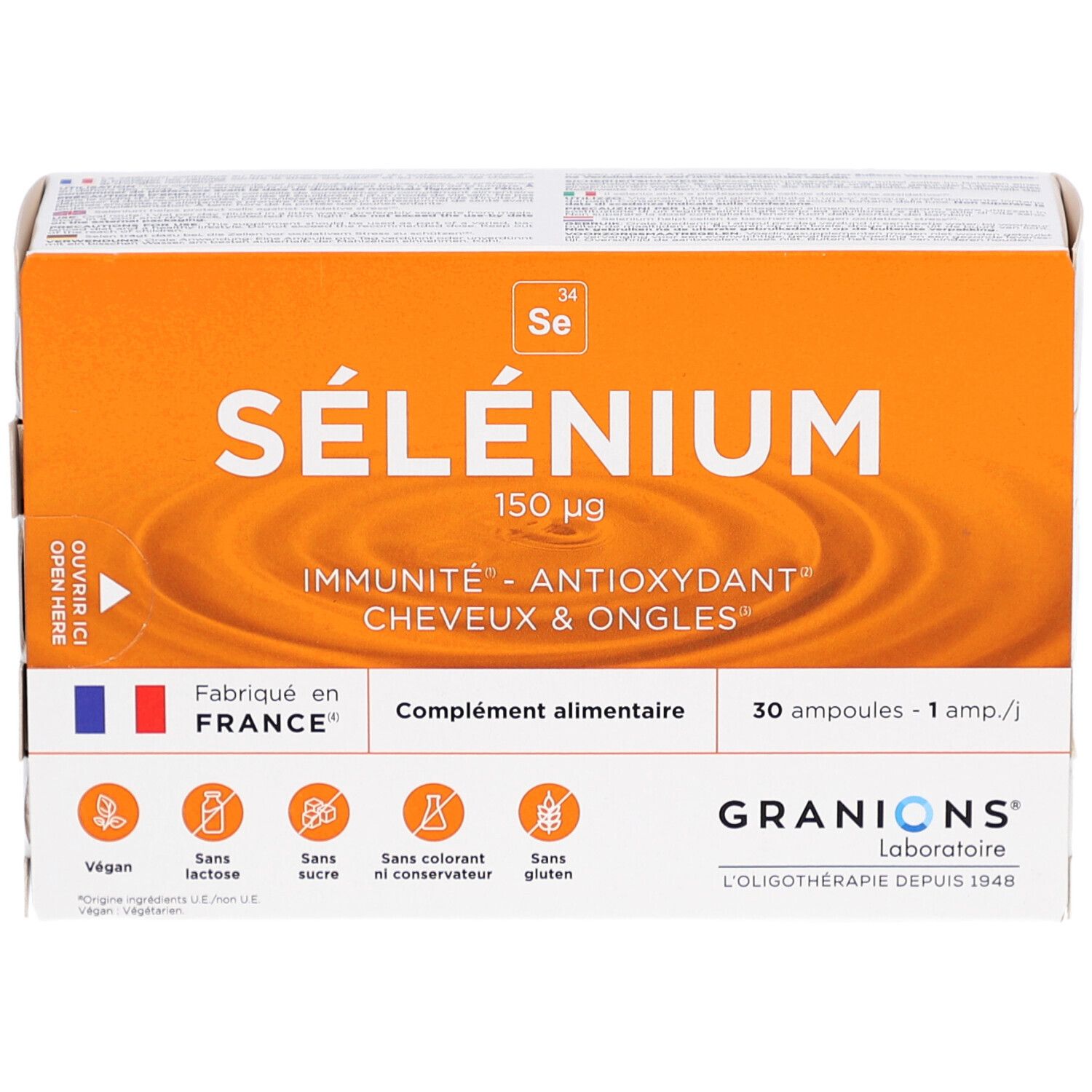 Boîte GRANIONS SELENIUM AMP 30. Emballage orange et blanc avec nom et informations. 30 ampoules.
