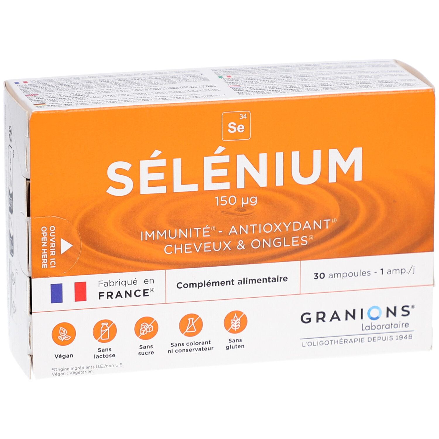 Boîte GRANIONS SELENIUM AMP 30. Emballage orange et blanc avec nom et informations. 30 ampoules.