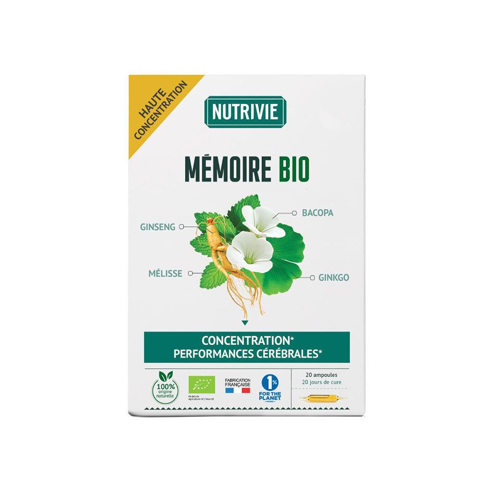 Nutrivie Mémoire Bio: Boîte avec ginseng, mélisse, bacopa, ginkgo pour performances cérébrales.