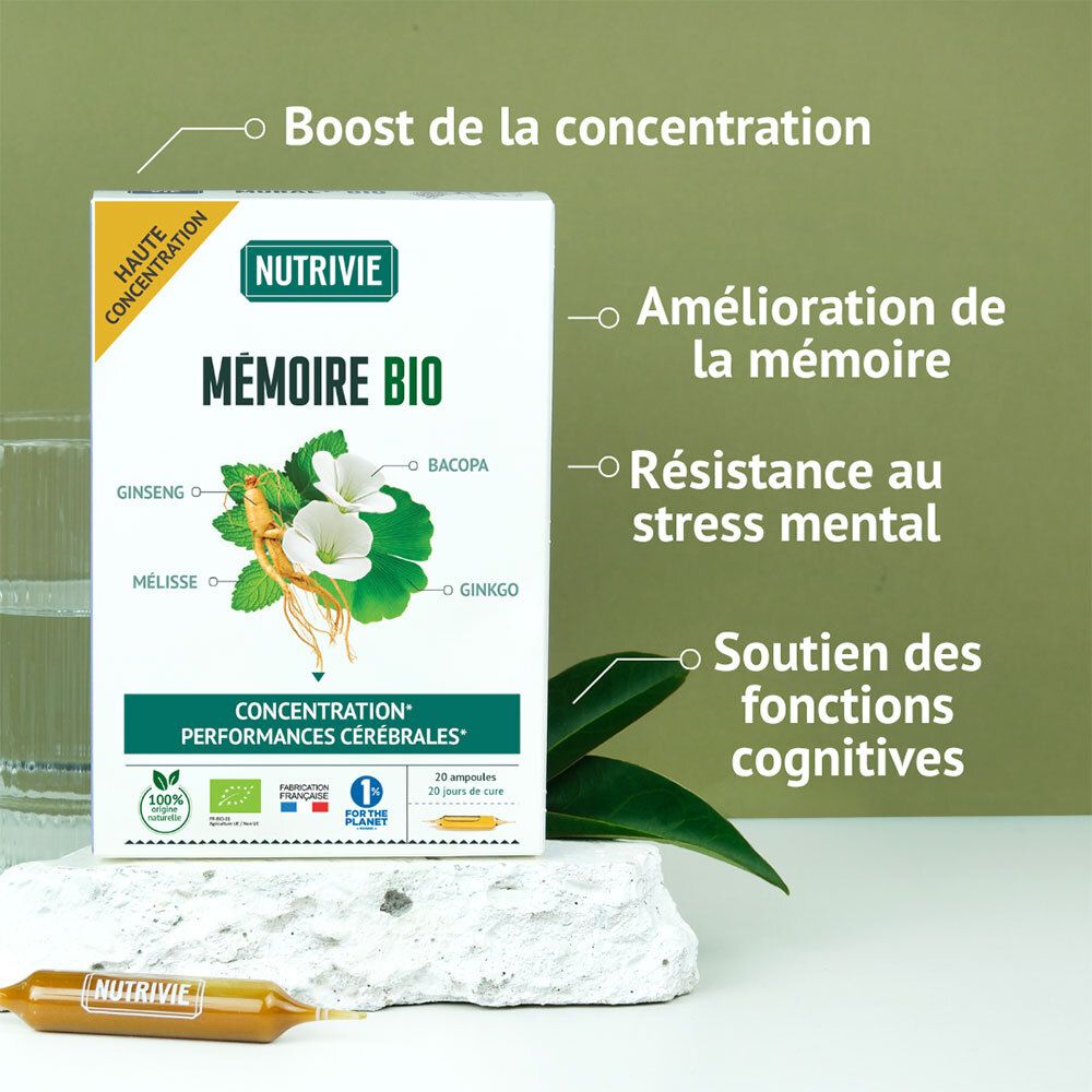 Nutrivie Mémoire Bio Boîte avec ampoule. Pour concentration et fonctions cognitives.