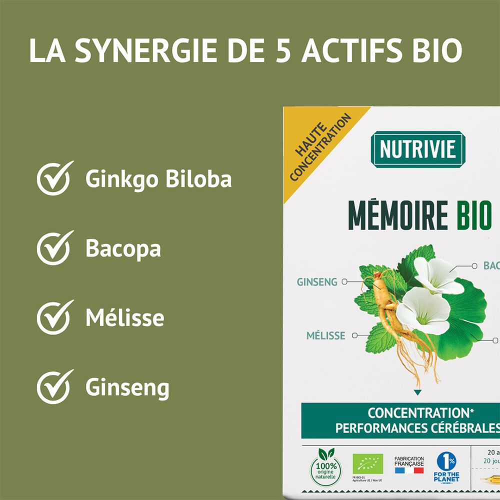 Nutrivie Mémoire Bio: Liste des actifs bio: Ginkgo Biloba, Bacopa, Mélisse, Ginseng.