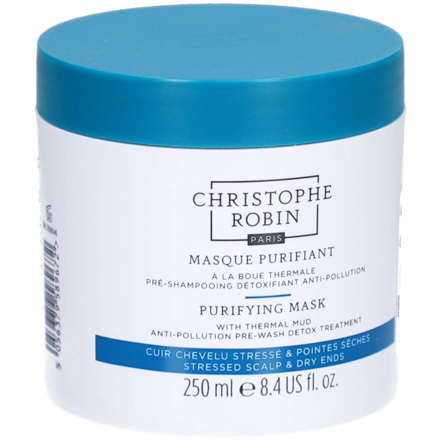 Pot blanc, couvercle bleu. Inscription: Christophe Robin, Masque Purifiant, Purifying Mask. Pour cuir chevelu stressé et pointes sèches.