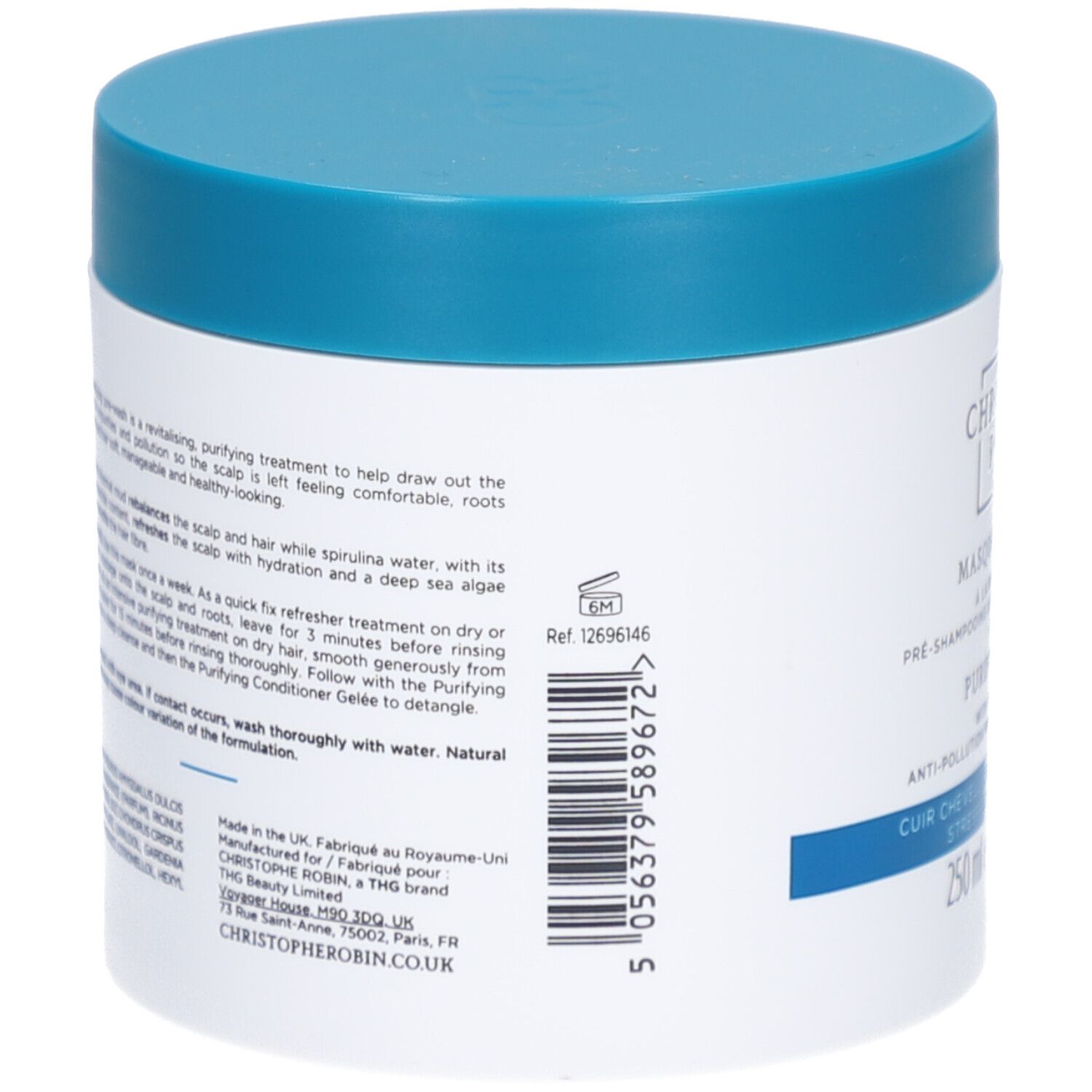 Dos du pot blanc, couvercle bleu. Texte et code-barres. Informations de fabrication et ingrédients.