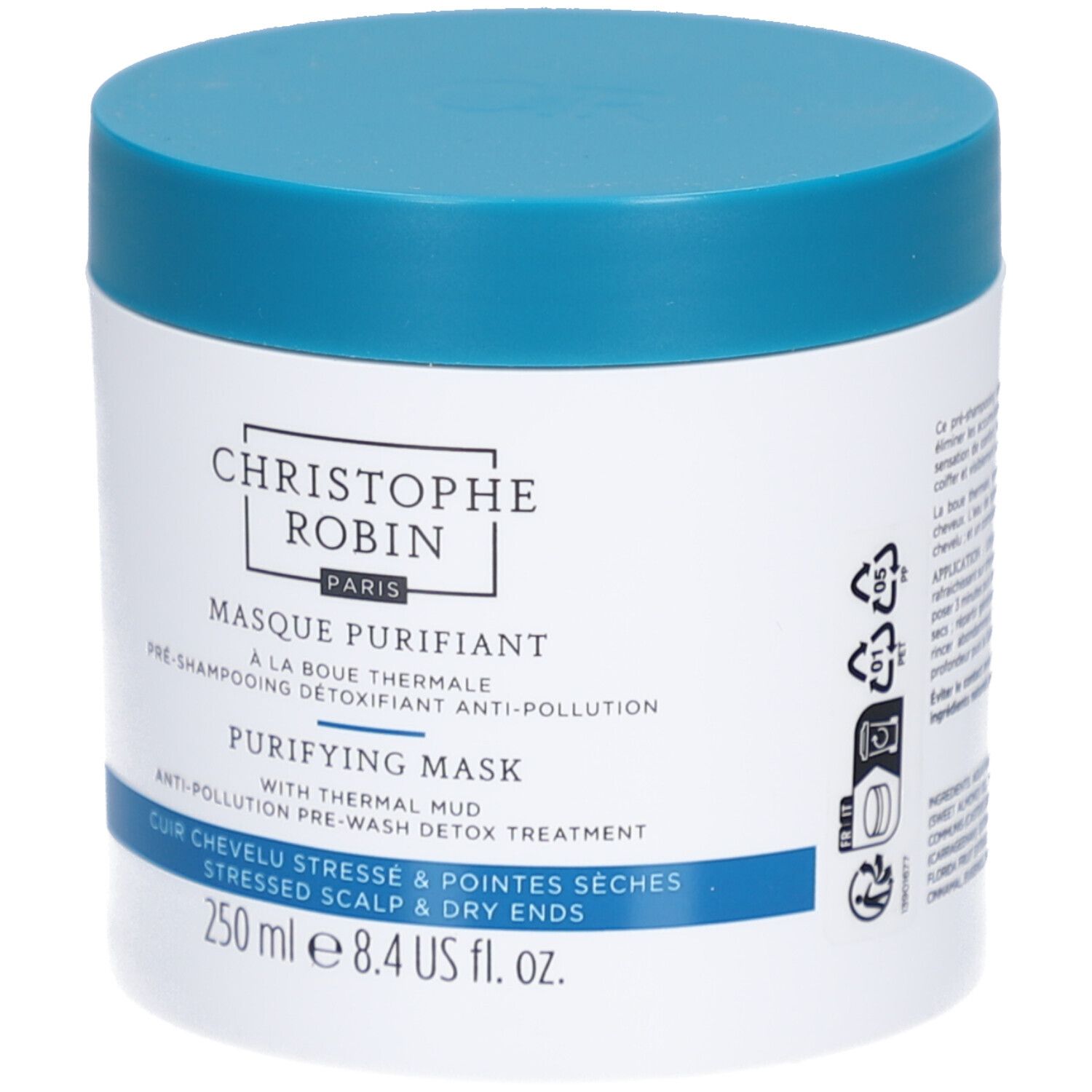 Pot blanc, couvercle bleu. Inscription: Christophe Robin, Masque Purifiant, Purifying Mask. 250 ml. Symboles de recyclage.