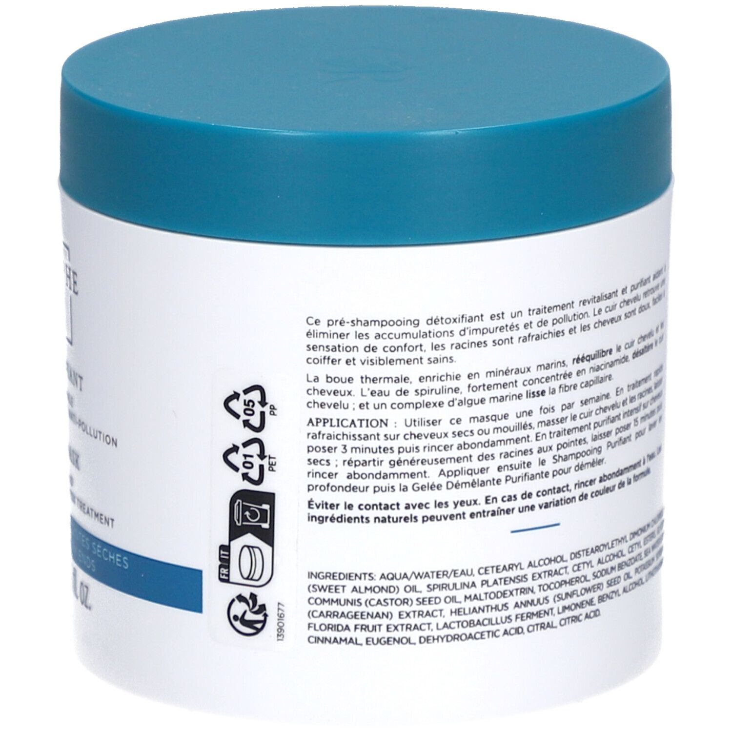 Dos du pot blanc, couvercle bleu. Texte sur l'utilisation et les ingrédients. Symboles de recyclage.