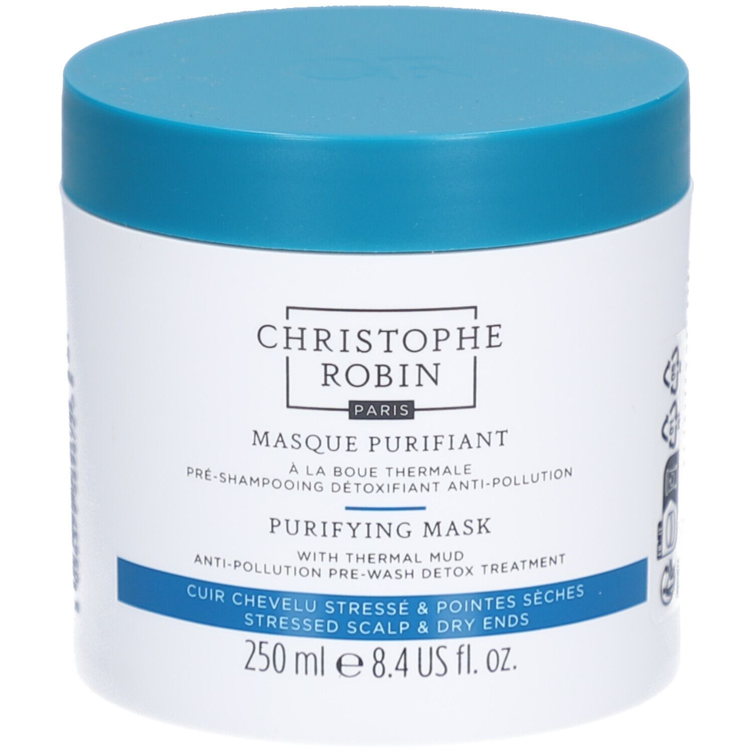 Pot blanc, couvercle bleu. Inscription: Christophe Robin, Masque Purifiant, Purifying Mask. 250 ml.