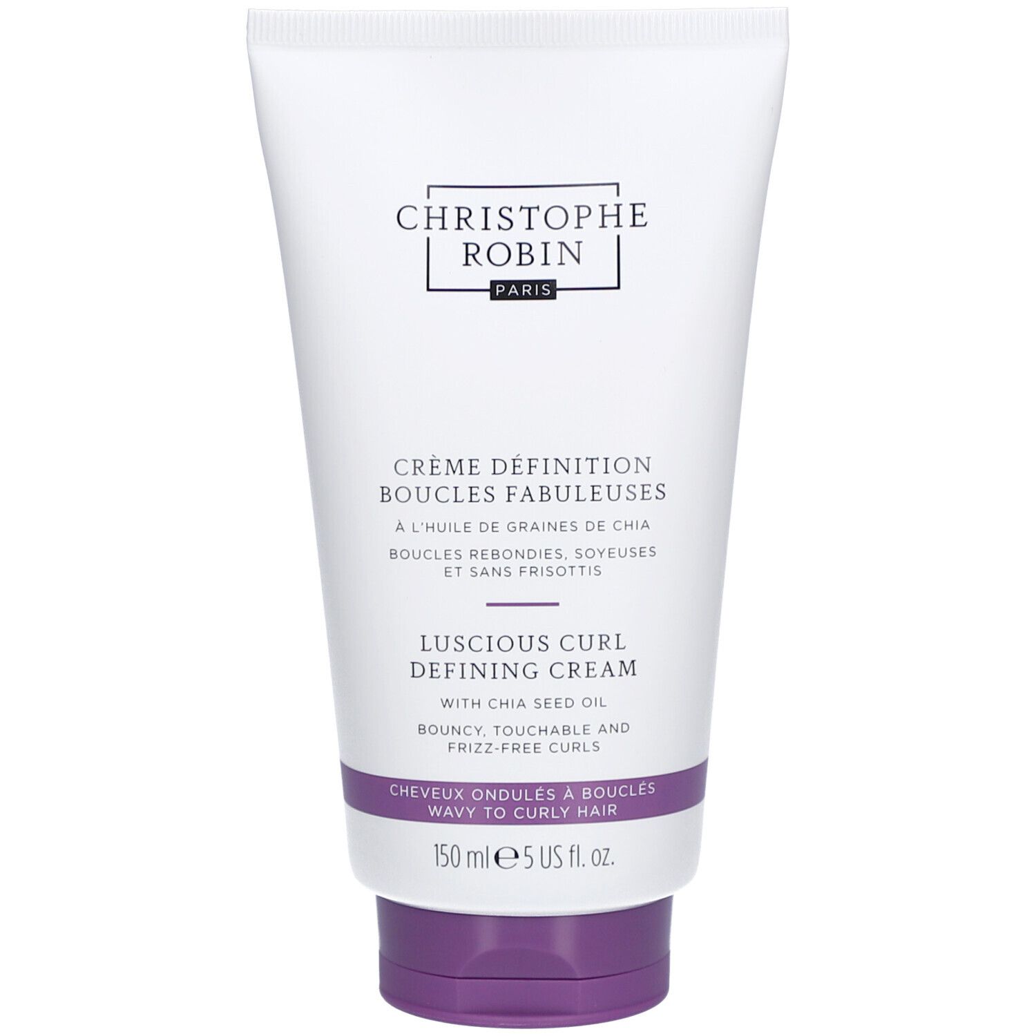 Tube blanc et violet. Texte: Christophe Robin, Crème Définition Boucles Fabuleuses, Luscious Curl Defining Cream. 150 ml.