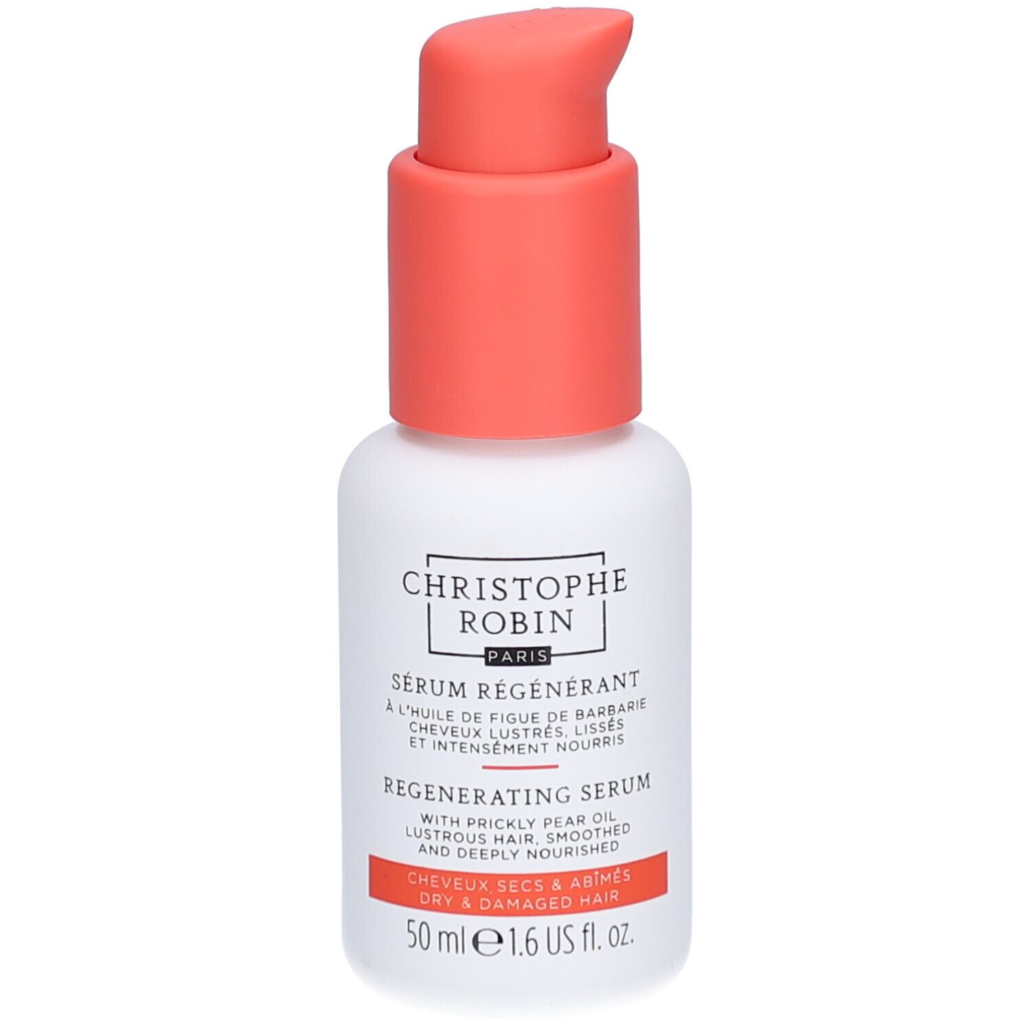 Flacon blanc avec pompe rouge. Inscriptions: CHRISTOPHE ROBIN PARIS, Sérum Régénérant, Regenerating Serum.