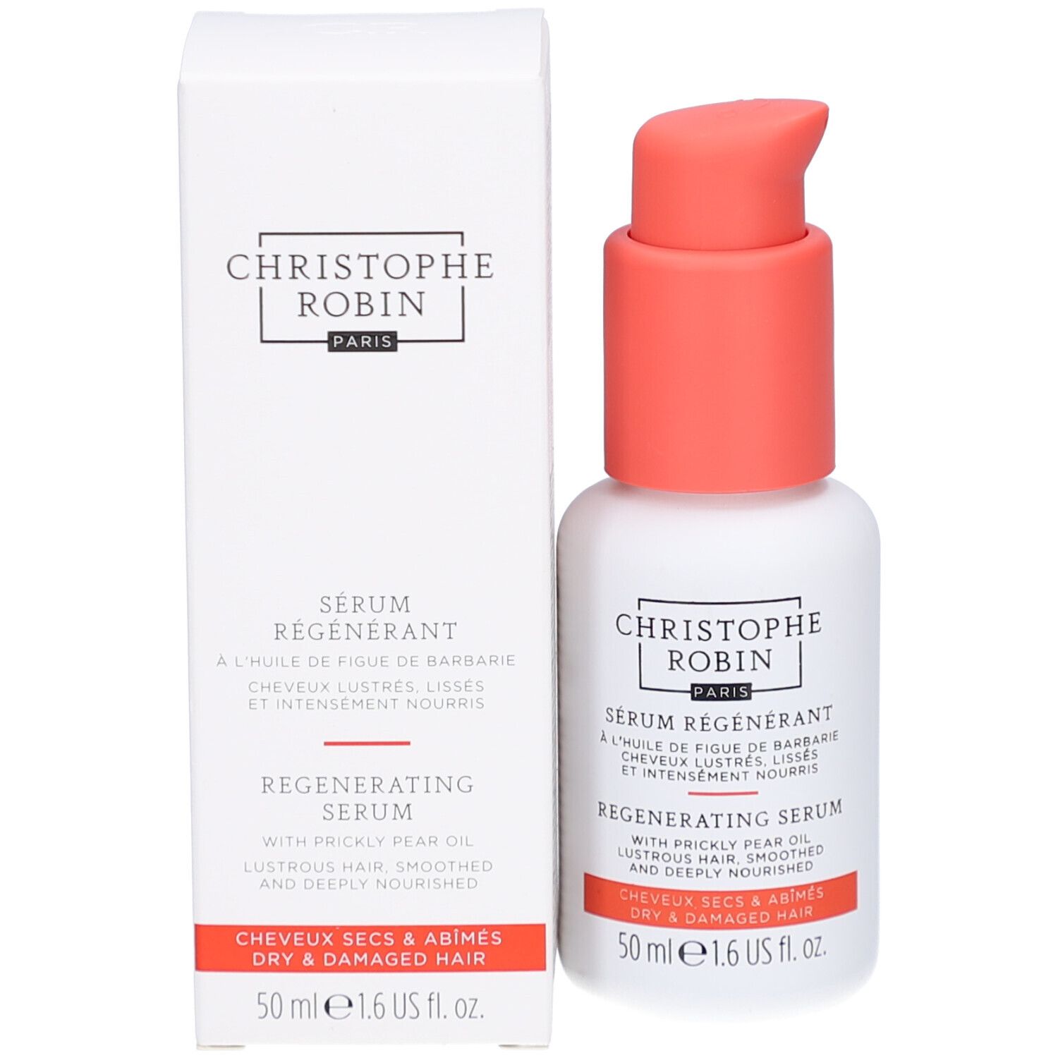 Flacon et emballage. Boîte blanche avec flacon. Inscriptions: CHRISTOPHE ROBIN PARIS, Sérum Régénérant.