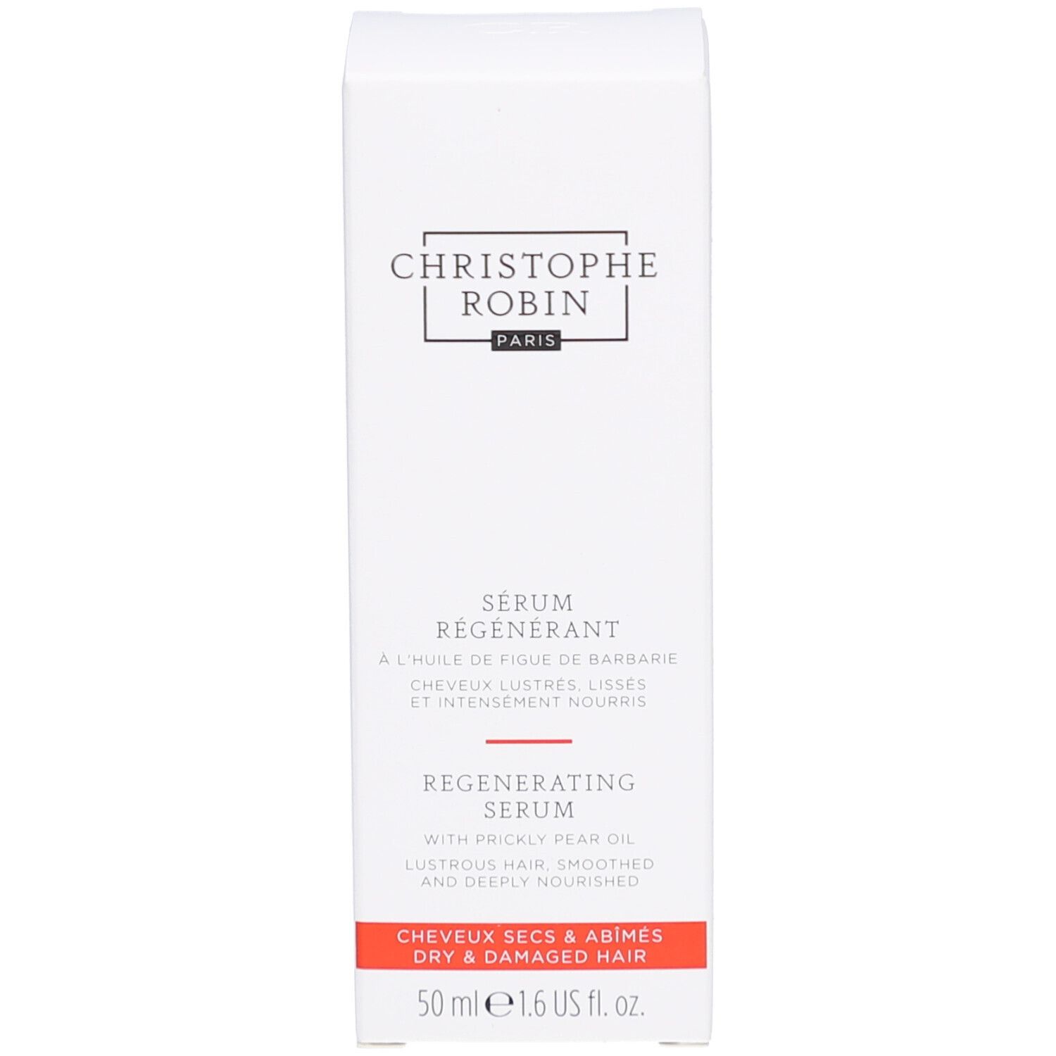 Boîte blanche avec inscriptions: CHRISTOPHE ROBIN PARIS, Sérum Régénérant. Bande rouge en bas.