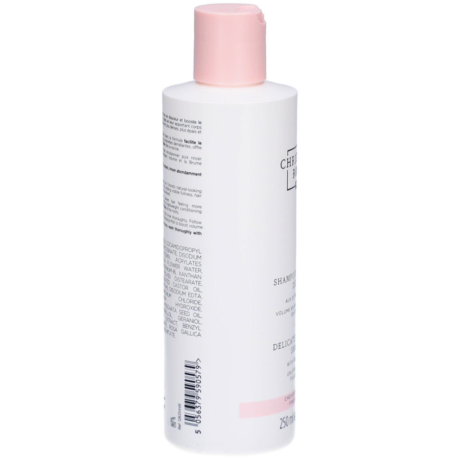 Dos d'un flacon blanc avec bouchon rose. Texte et ingrédients en plusieurs langues. Code-barres et informations de production.