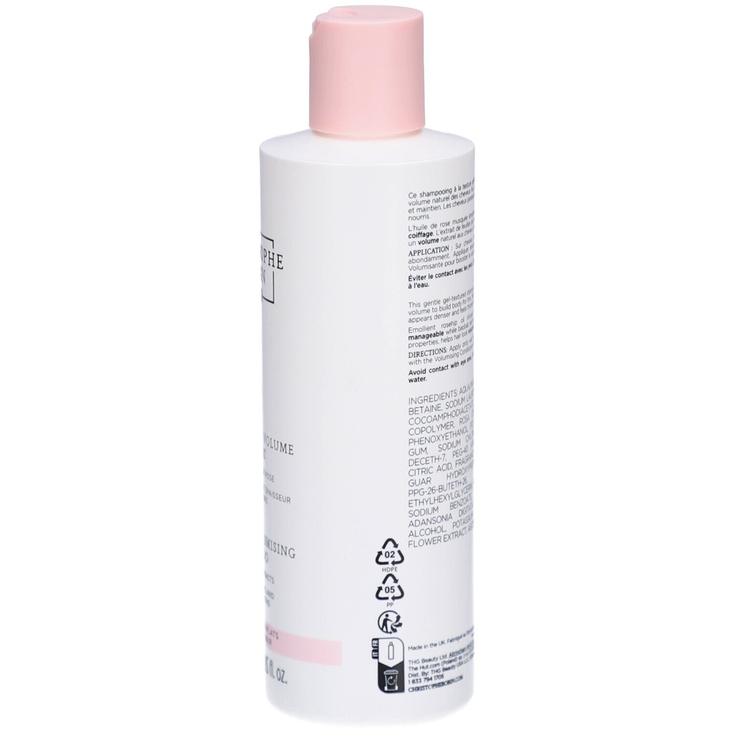 Dos d'un flacon blanc avec bouchon rose. Texte et ingrédients en plusieurs langues. Pictogrammes et informations de production.