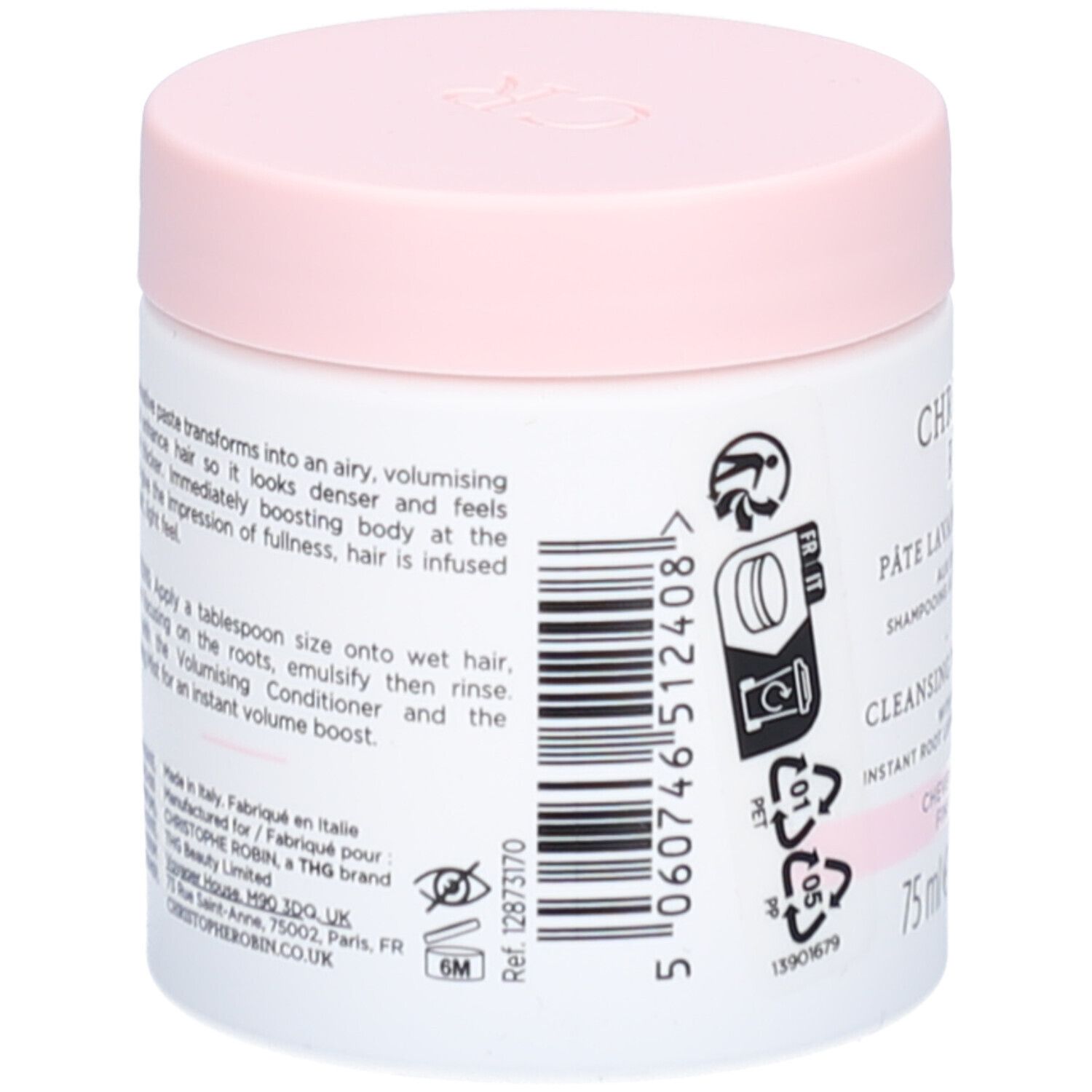 Pot blanc, couvercle rose. Texte sur le côté. Informations sur l'utilisation et les ingrédients.