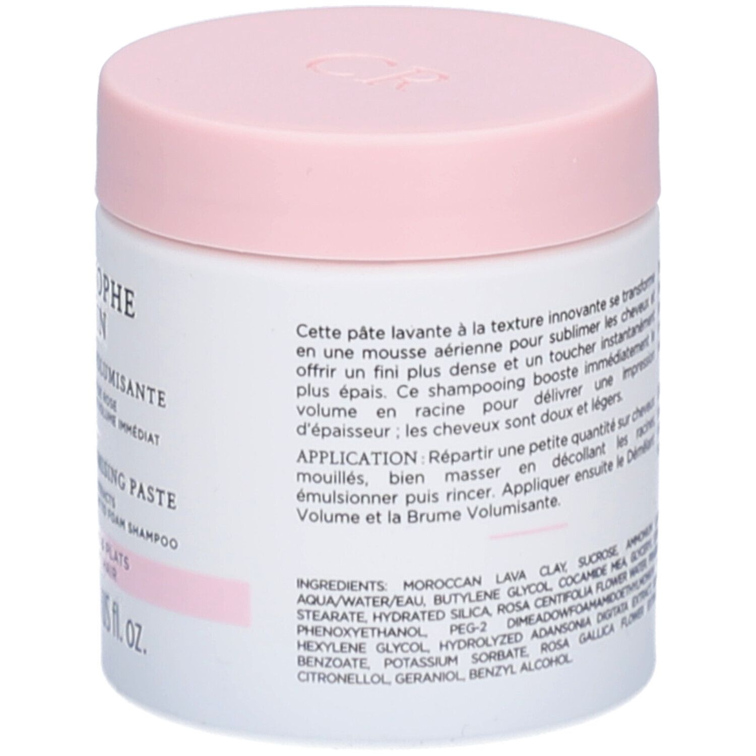 Pot blanc, couvercle rose. Texte sur le côté. Informations sur l'utilisation et les ingrédients.