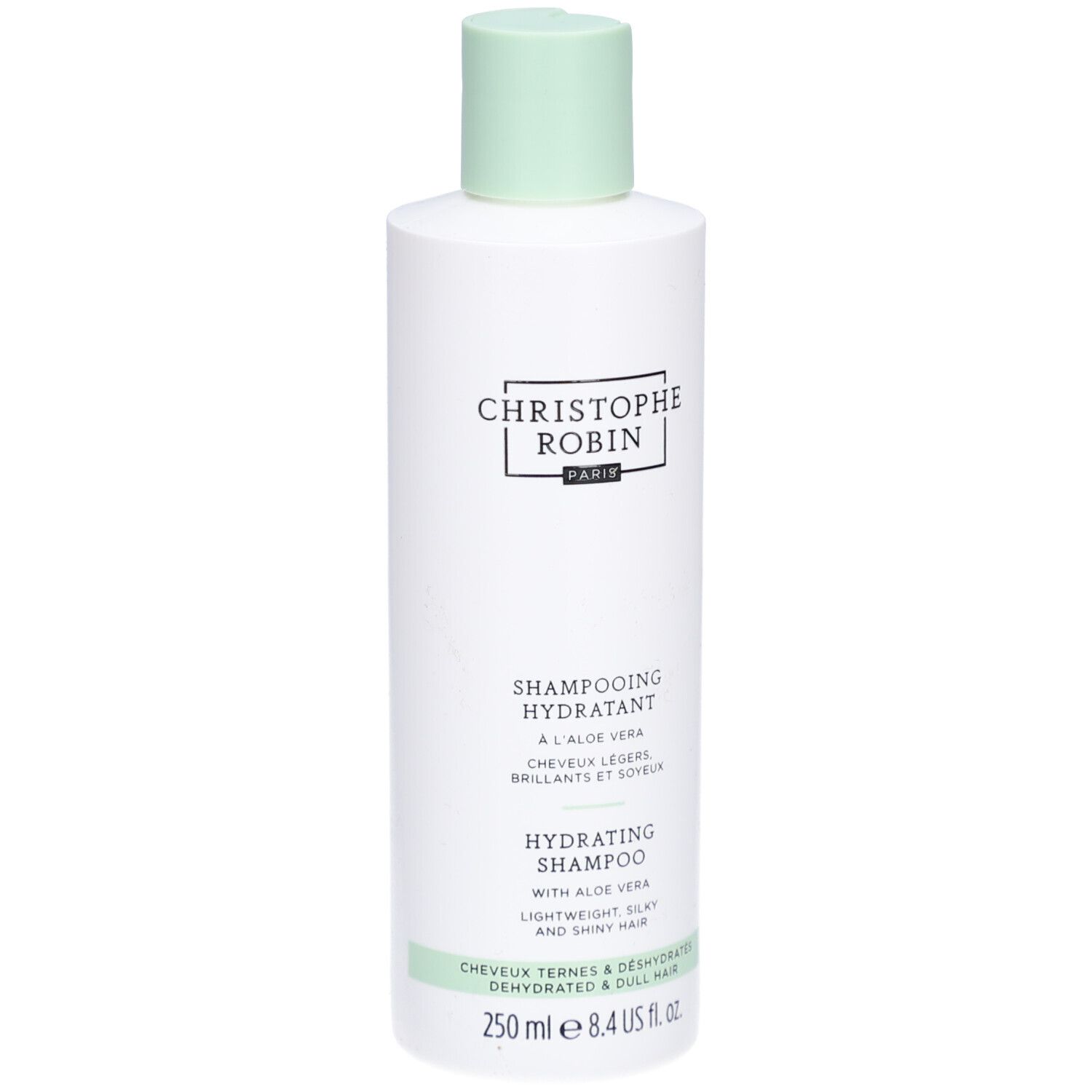 Flacon blanc, bouchon vert. Texte: CHRISTOPHE ROBIN PARIS, SHAMPOOING HYDRATANT, HYDRATING SHAMPOO, 250 ml.