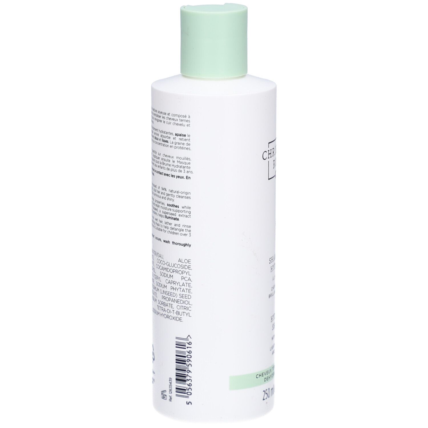 Dos du flacon blanc. Texte: Ingrédients, 250 ml, code-barres. Bande verte en bas.