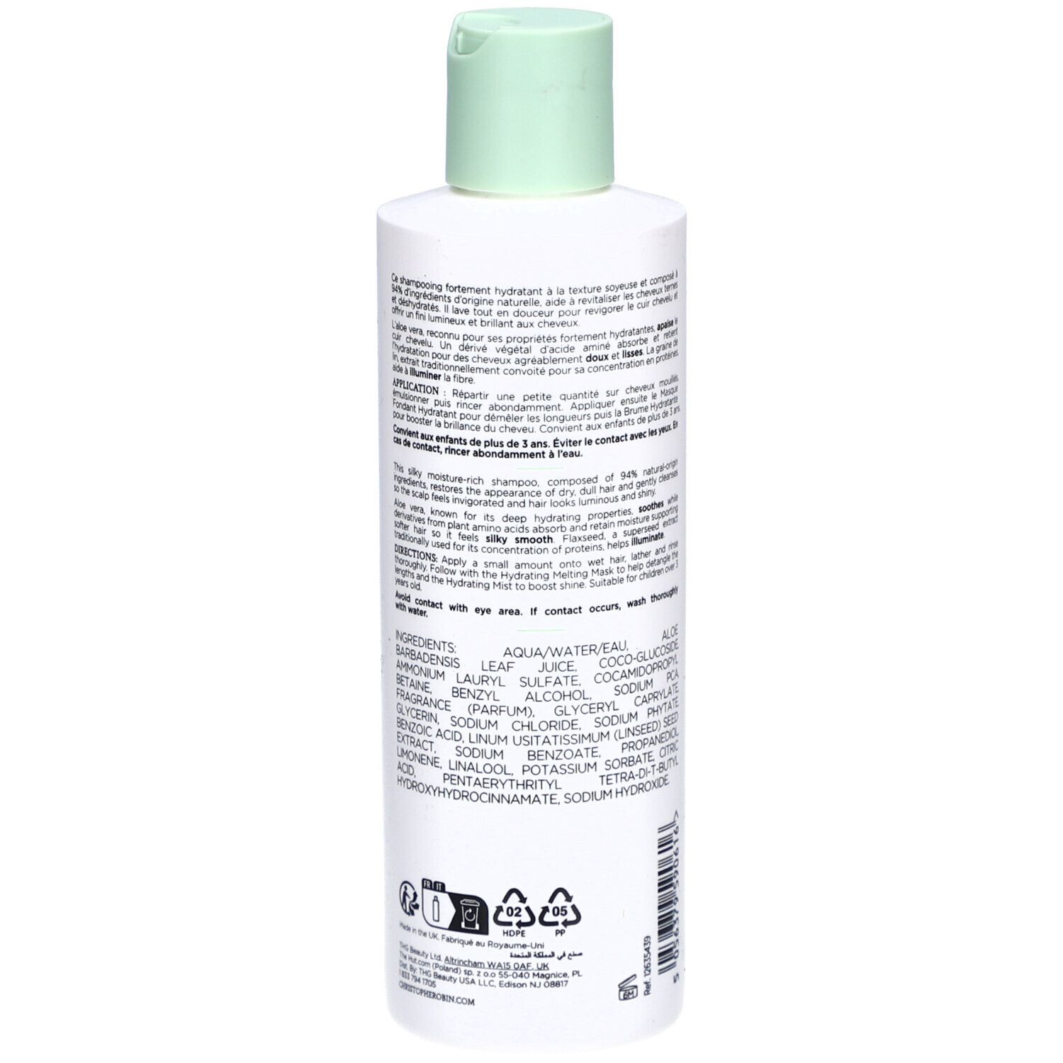 Dos du flacon blanc. Texte: Application, ingrédients, 250 ml, symboles de recyclage.
