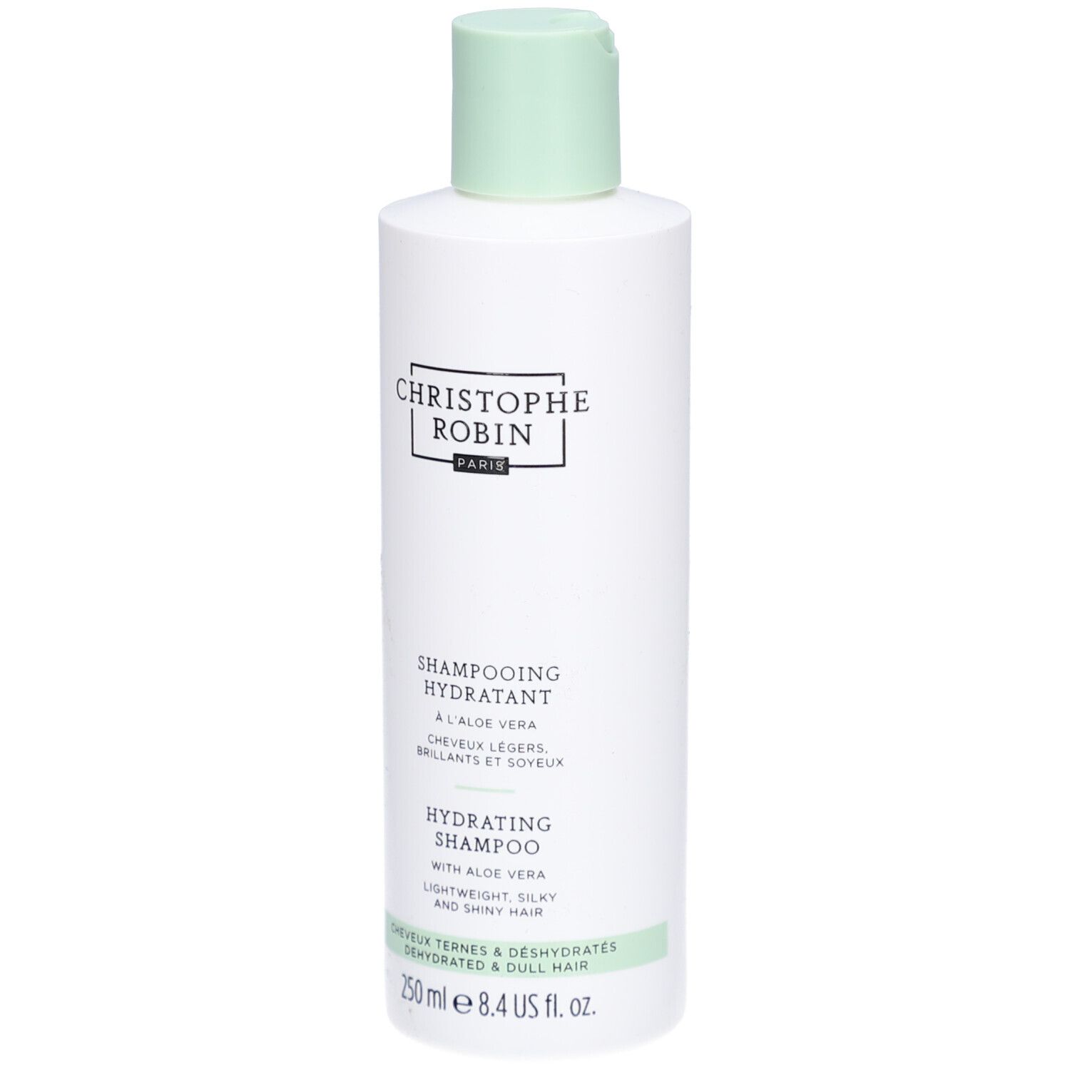Flacon blanc, bouchon vert. Texte: CHRISTOPHE ROBIN PARIS, SHAMPOOING HYDRATANT, HYDRATING SHAMPOO, 250 ml.