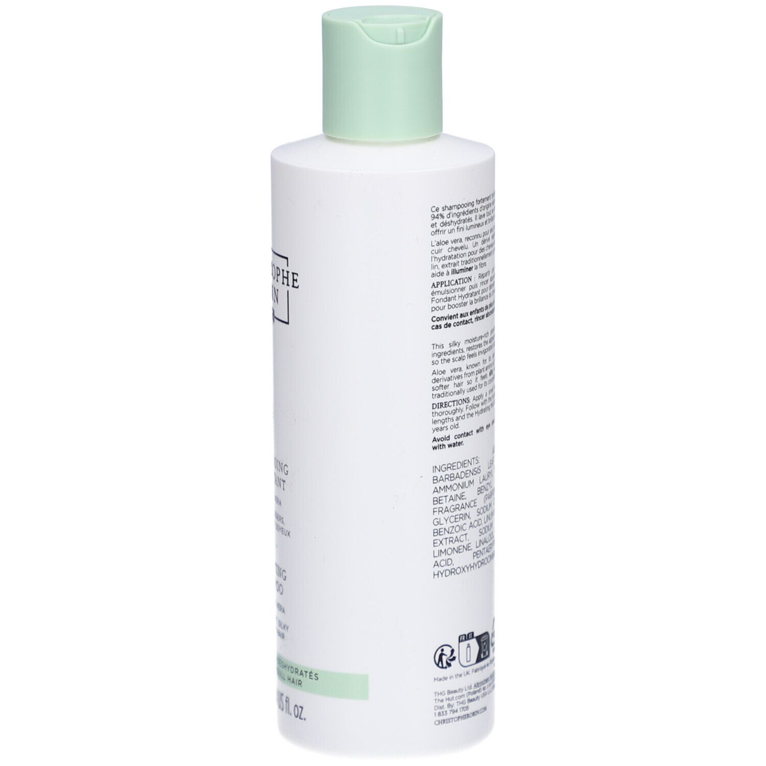 Dos du flacon blanc. Texte: CHRISTOPHE ROBIN PARIS, SHAMPOOING HYDRATANT, HYDRATING SHAMPOO, 250 ml.