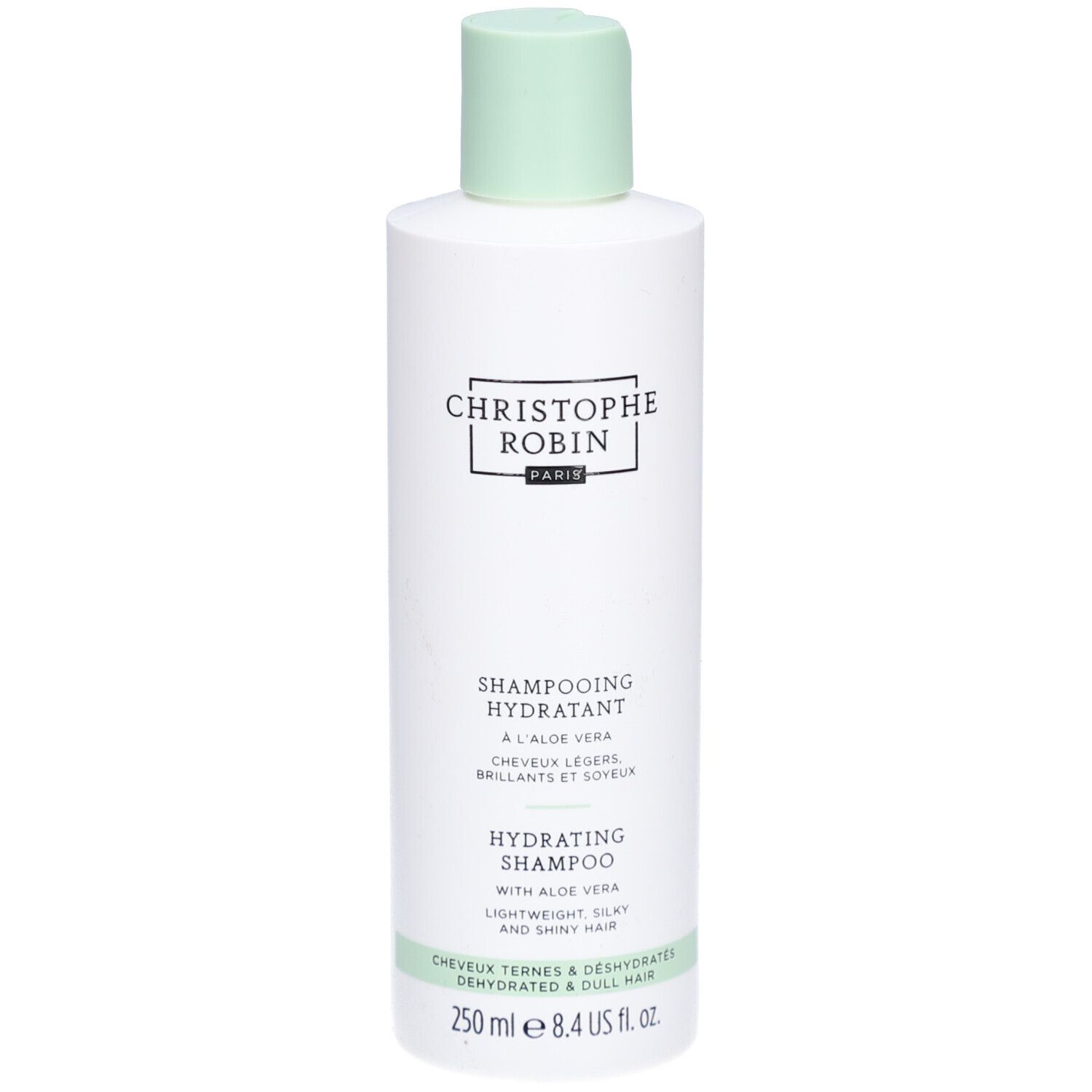 Flacon blanc, bouchon vert. Texte: CHRISTOPHE ROBIN PARIS, SHAMPOOING HYDRATANT, HYDRATING SHAMPOO, 250 ml.