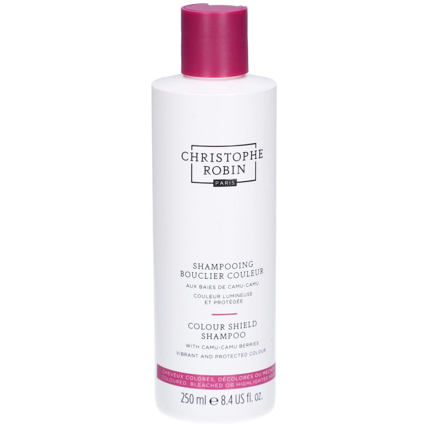 Flacon blanc, bouchon rose. Texte: CHRISTOPHE ROBIN PARIS, SHAMPOOING BOUCLIER COULEUR, COLOUR SHIELD SHAMPOO. 250 ml.