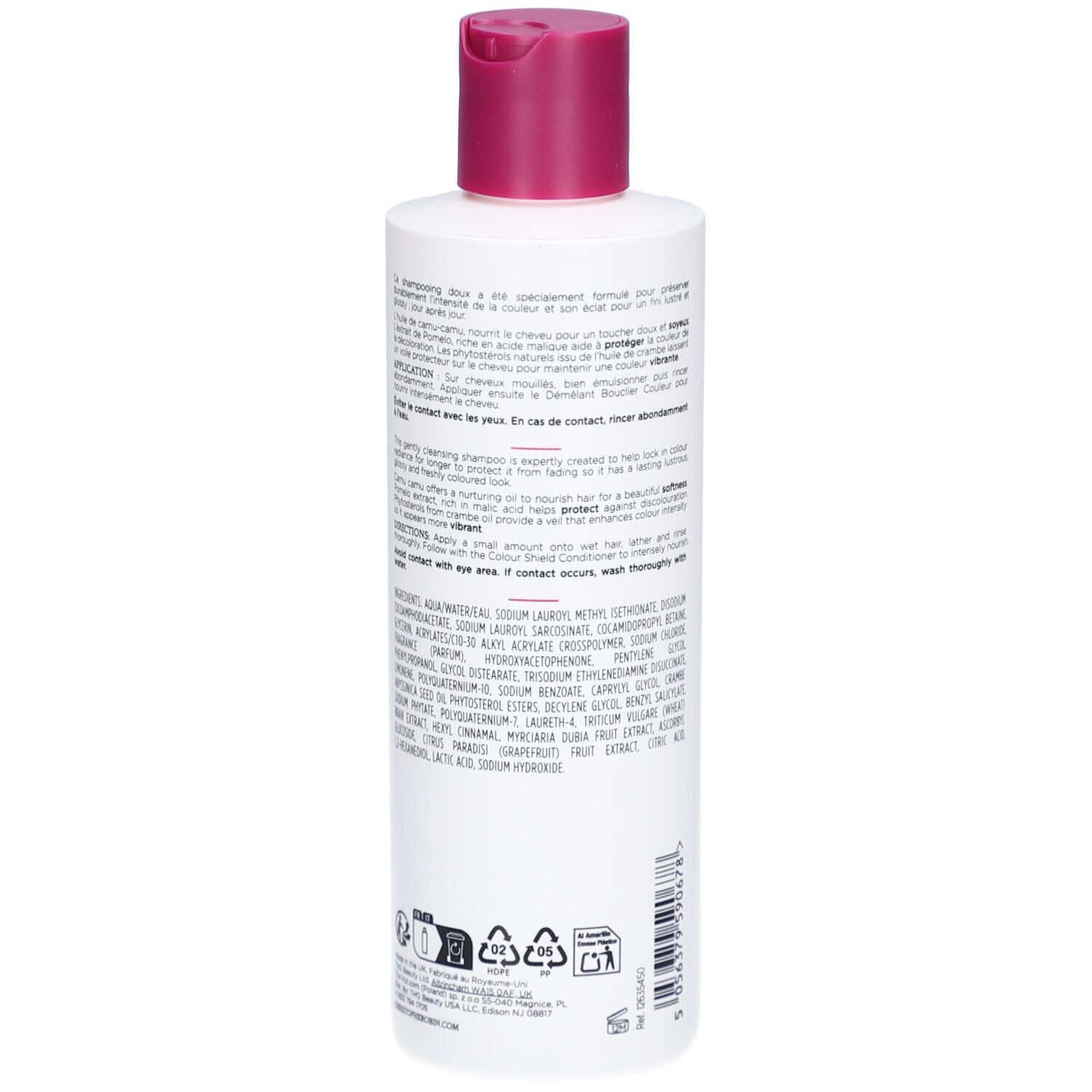 Dos du flacon blanc, bouchon rose. Texte et ingrédients. Marque: CHRISTOPHE ROBIN PARIS. 250 ml.