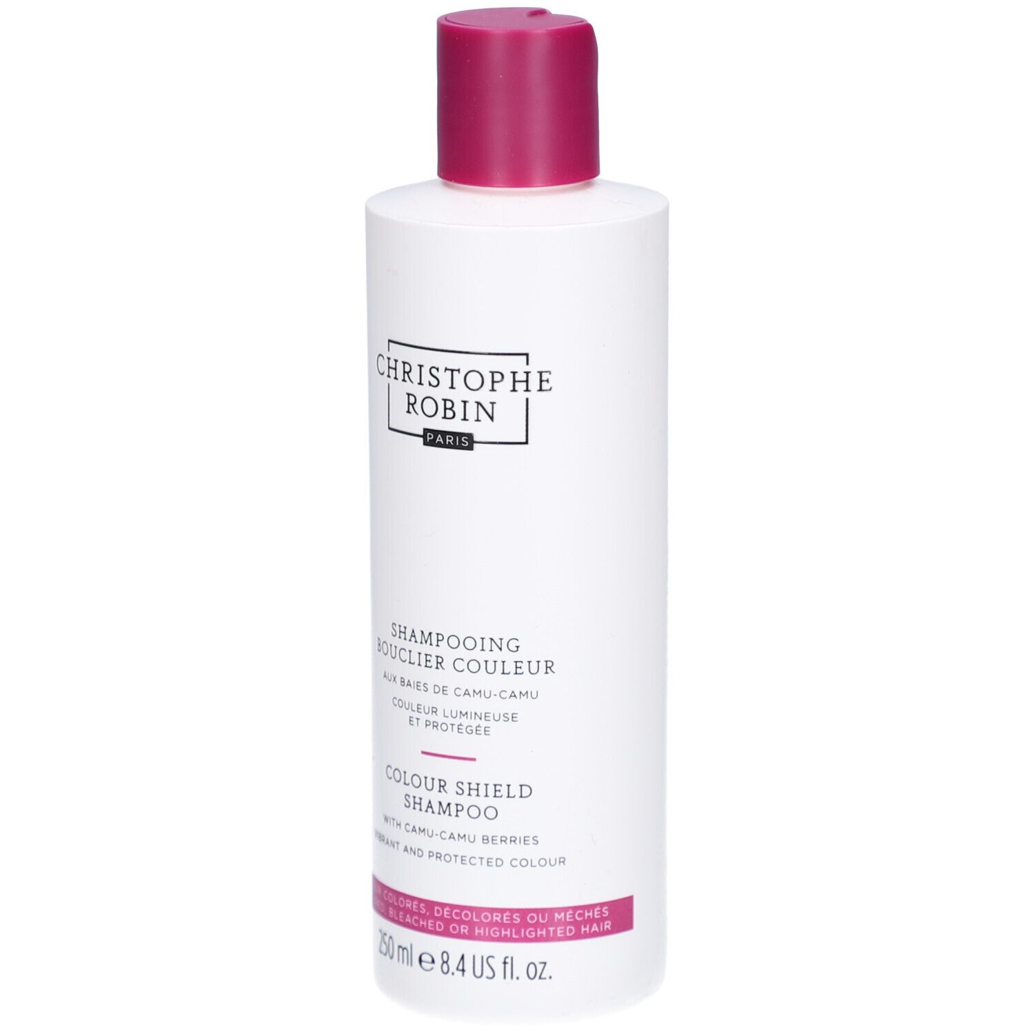Flacon blanc, bouchon rose. Texte: CHRISTOPHE ROBIN PARIS, SHAMPOOING BOUCLIER COULEUR, COLOUR SHIELD SHAMPOO. 250 ml.