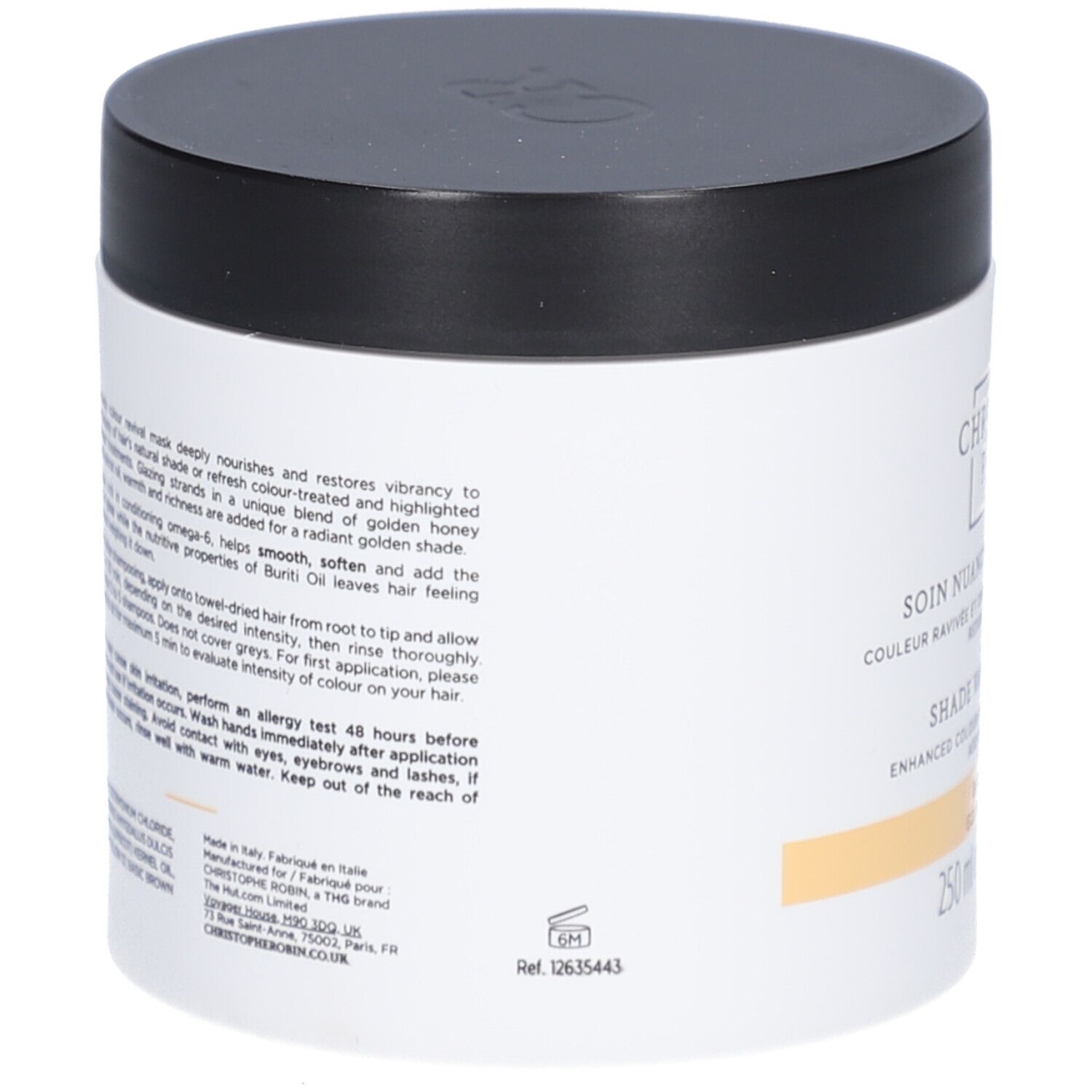 Pot rond noir et blanc. Inscription: Christophe Robin, Shade Variation Mask. 250 ml.