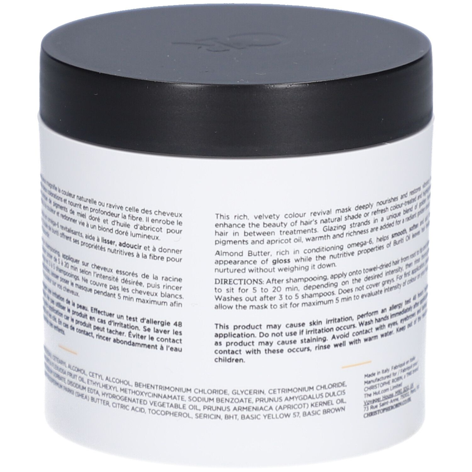 Pot rond noir et blanc. Texte: ingrédients, instructions d'utilisation. Marque Christophe Robin.