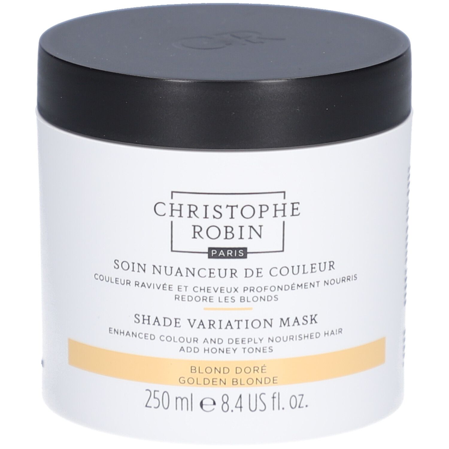 Pot rond noir et blanc. Inscription: Christophe Robin, Shade Variation Mask. 250 ml.