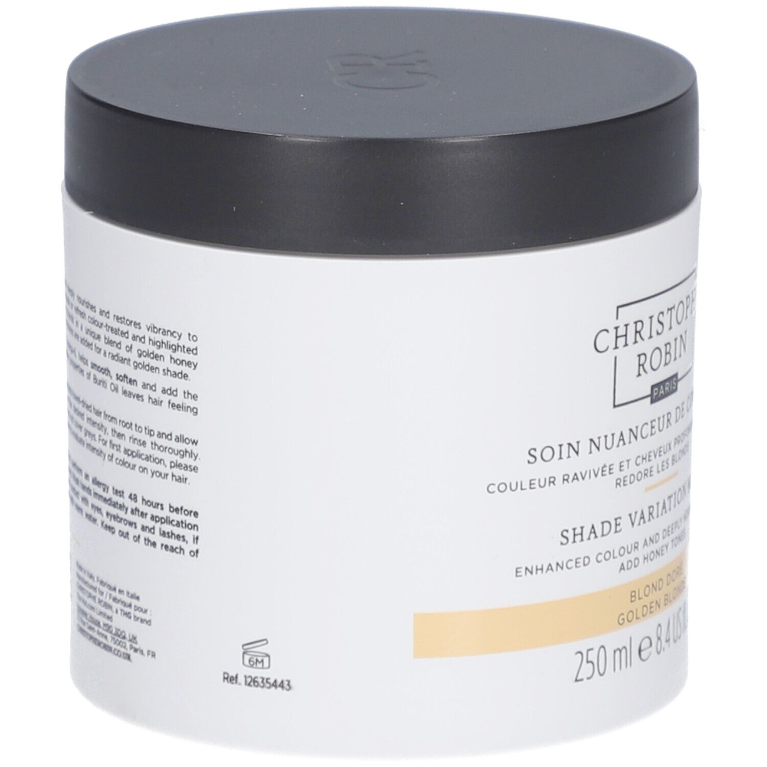 Pot rond noir et blanc. Inscription: Christophe Robin, Shade Variation Mask. 250 ml.