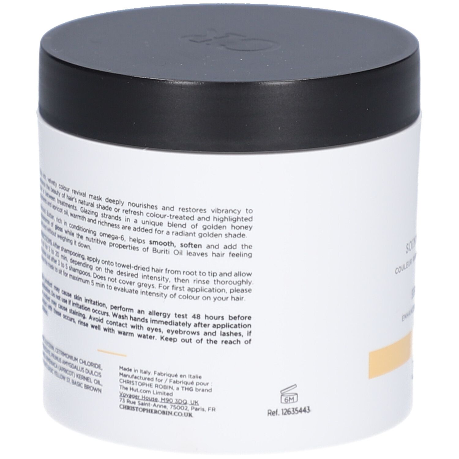 Pot rond noir et blanc. Texte: ingrédients, instructions d'utilisation. Marque Christophe Robin.