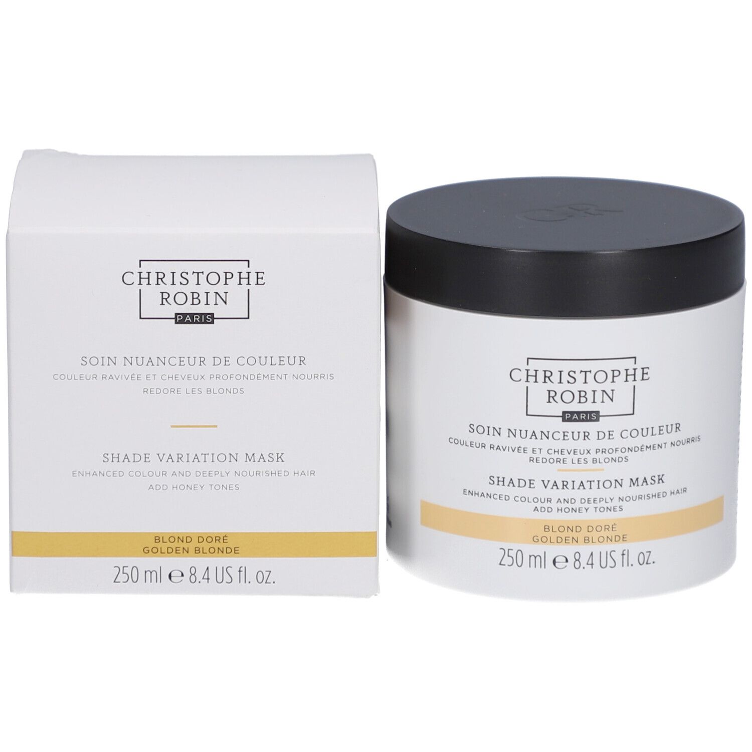 Emballage du produit: pot et boîte. Inscription: Christophe Robin, Shade Variation Mask. 250 ml.