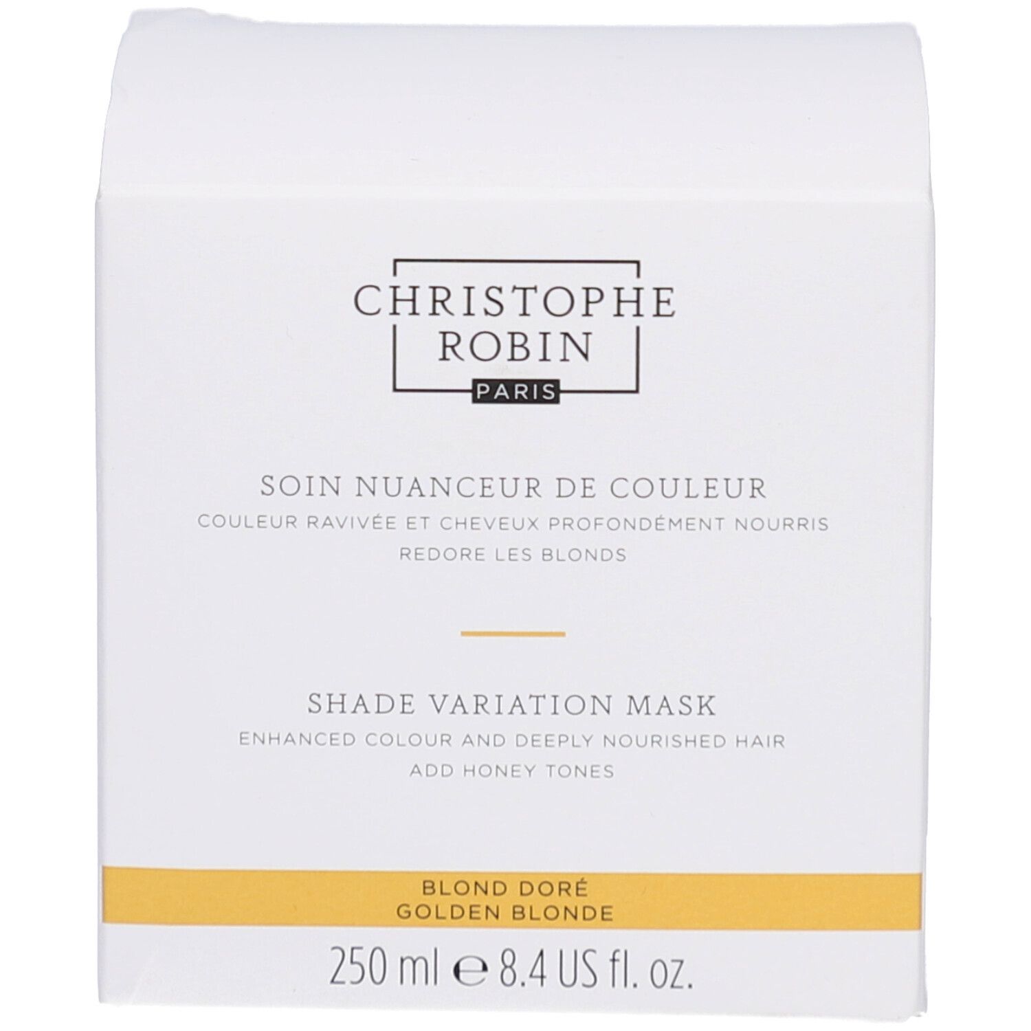 Boîte blanche. Inscription: Christophe Robin, Shade Variation Mask. 250 ml.