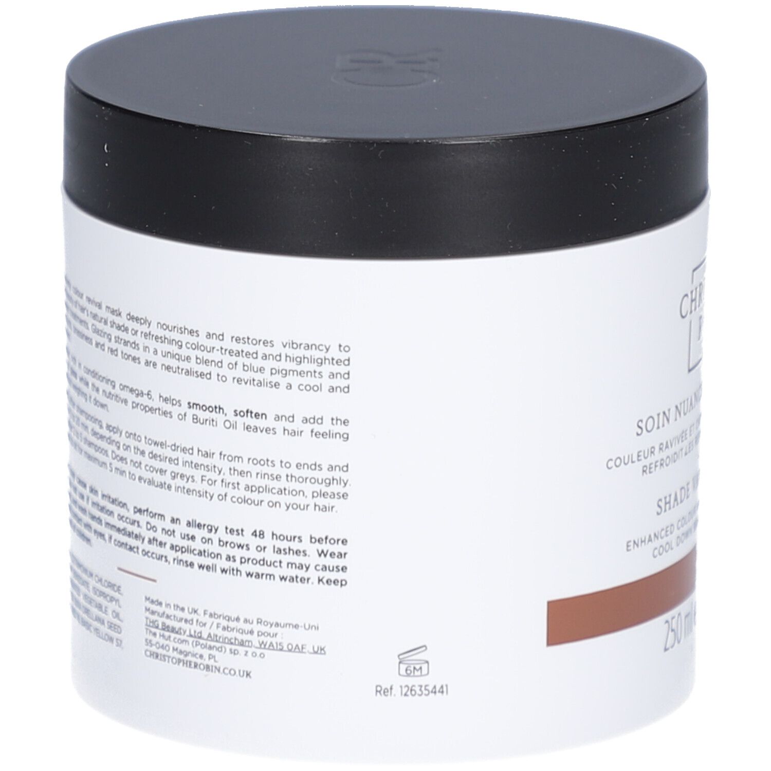 Pot cylindrique noir et blanc. Inscription: Christophe Robin, Shade Variation Mask. Bande marron.