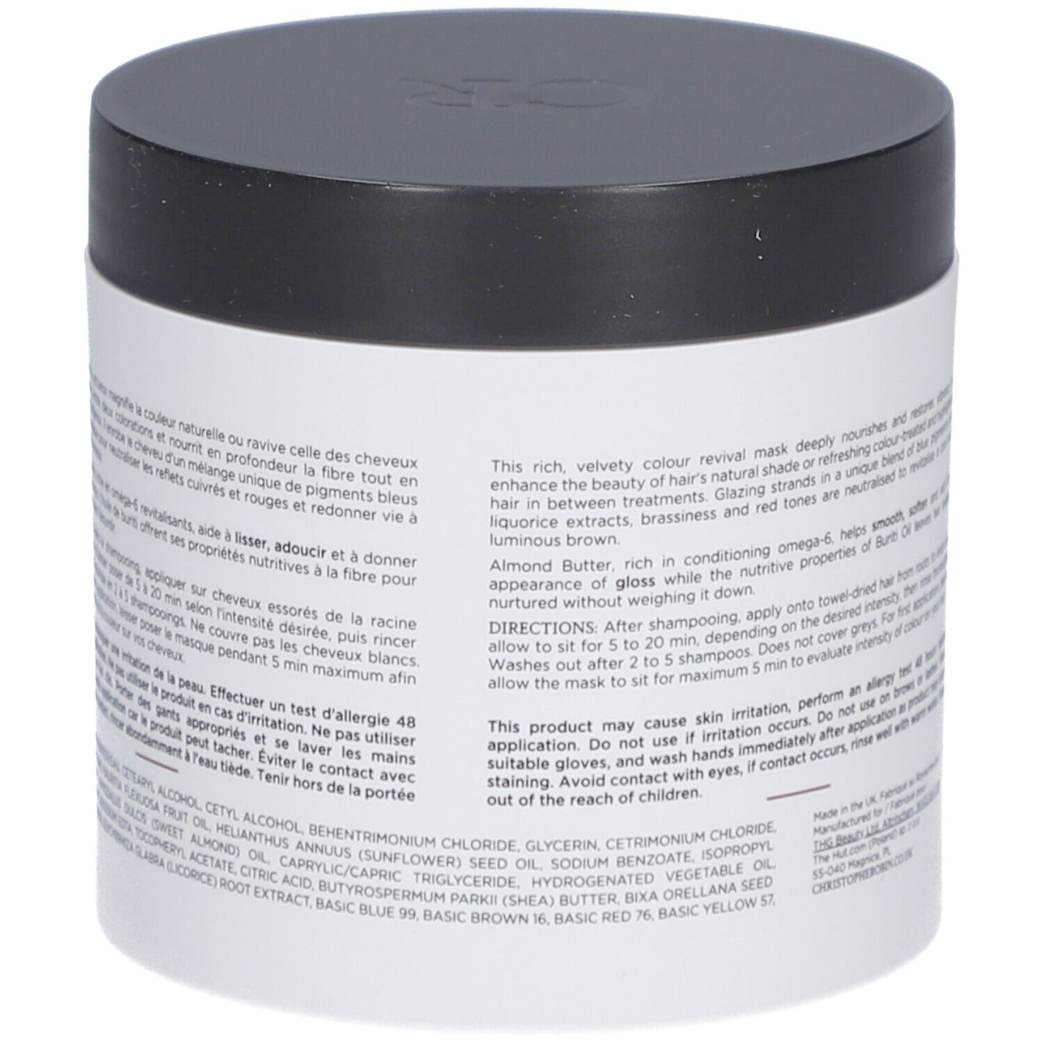 Pot cylindrique noir et blanc. Inscription: Christophe Robin, Shade Variation Mask. Bande marron.