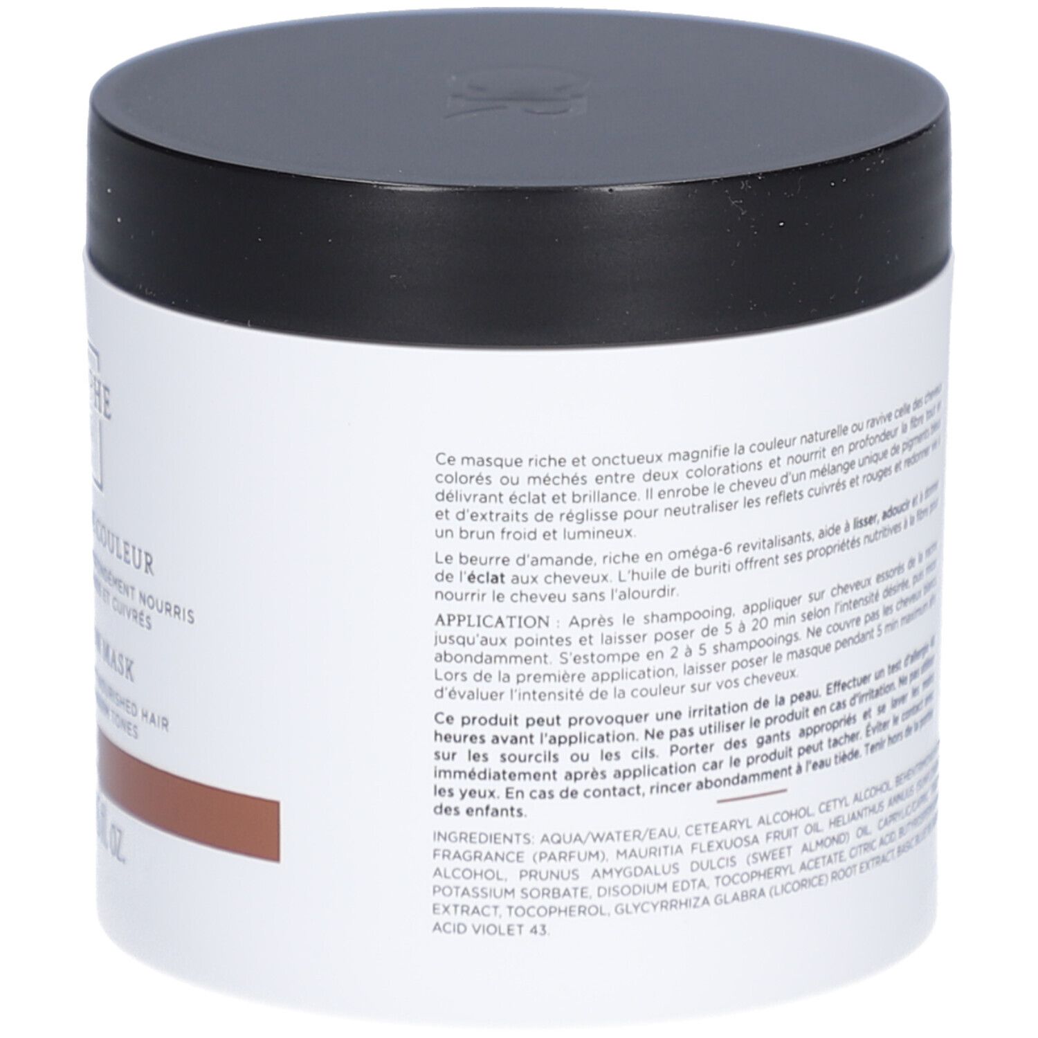 Pot cylindrique noir et blanc. Inscription: Christophe Robin, Shade Variation Mask. Bande marron.