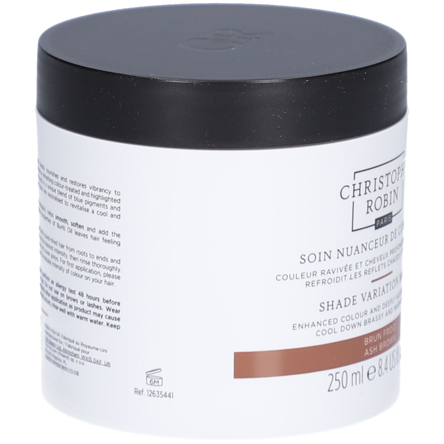 Pot cylindrique noir et blanc. Inscription: Christophe Robin, Shade Variation Mask. Bande marron.