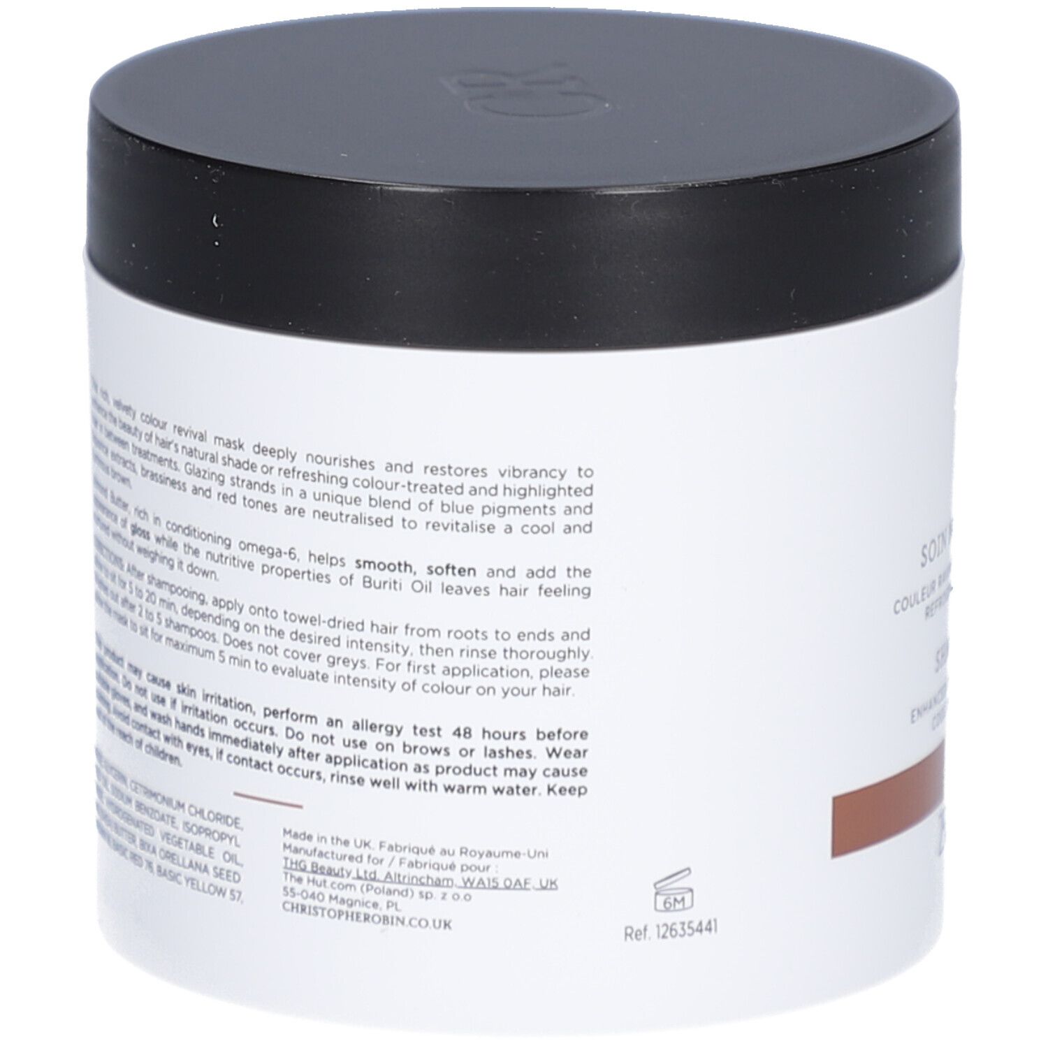 Pot cylindrique noir et blanc. Inscription: Christophe Robin, Shade Variation Mask. Bande marron.