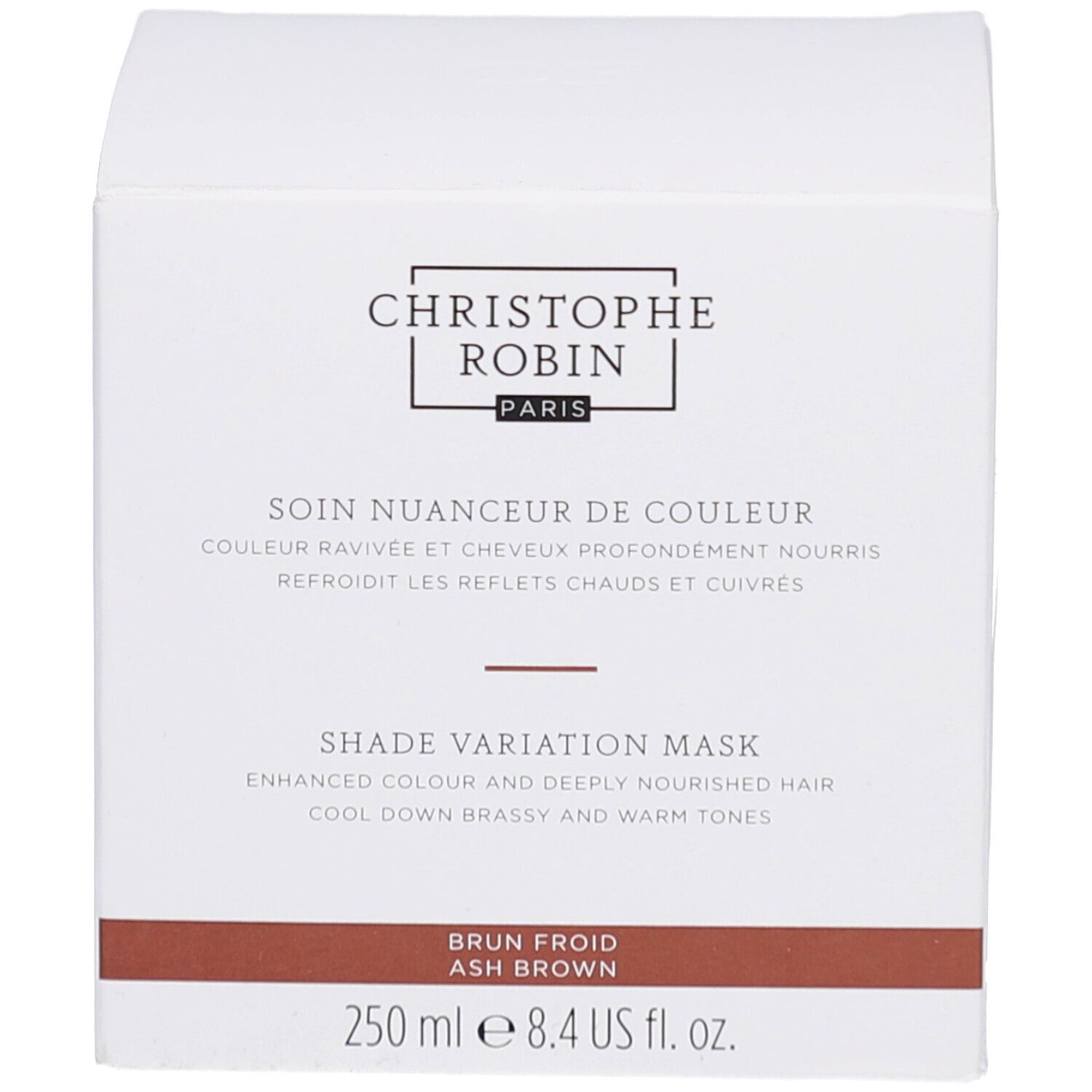 Emballage du produit. Inscription: Christophe Robin, Shade Variation Mask. Bande marron. 250 ml.