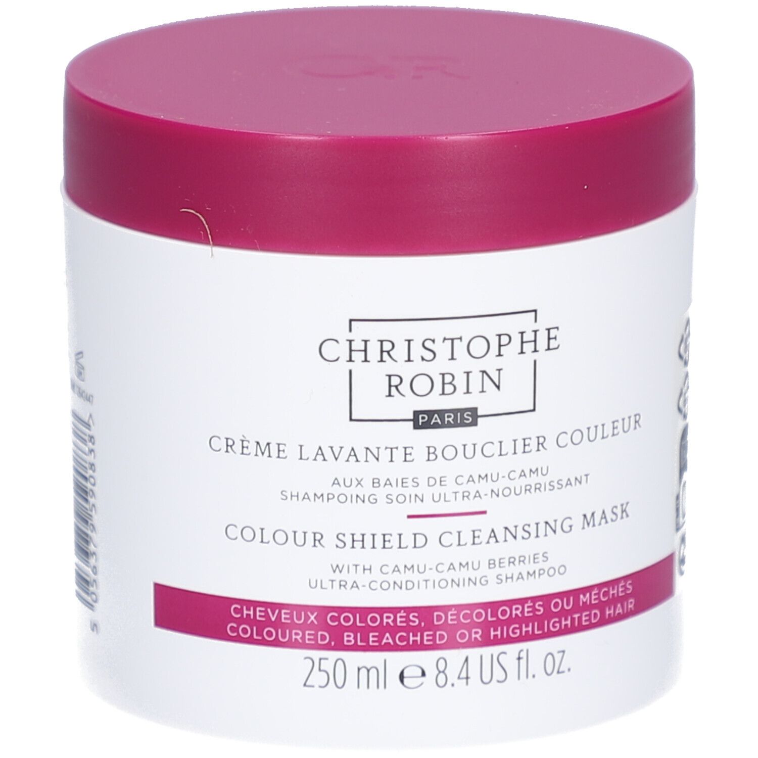 Pot blanc, couvercle rose. Inscription: Christophe Robin, Crème Lavante Bouclier Couleur, Colour Shield Cleansing Mask.