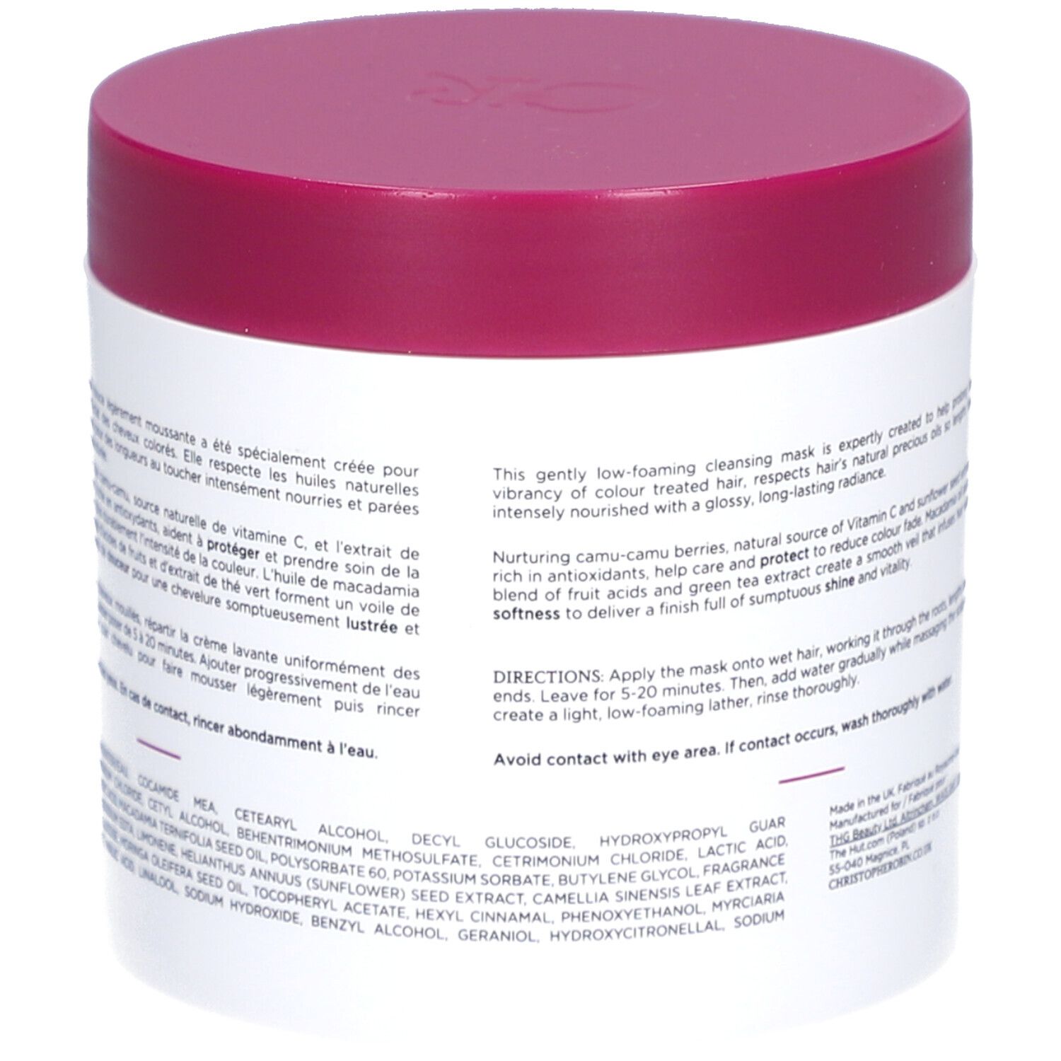 Pot blanc, couvercle rose. Texte au dos. Ingrédients et mode d'emploi.