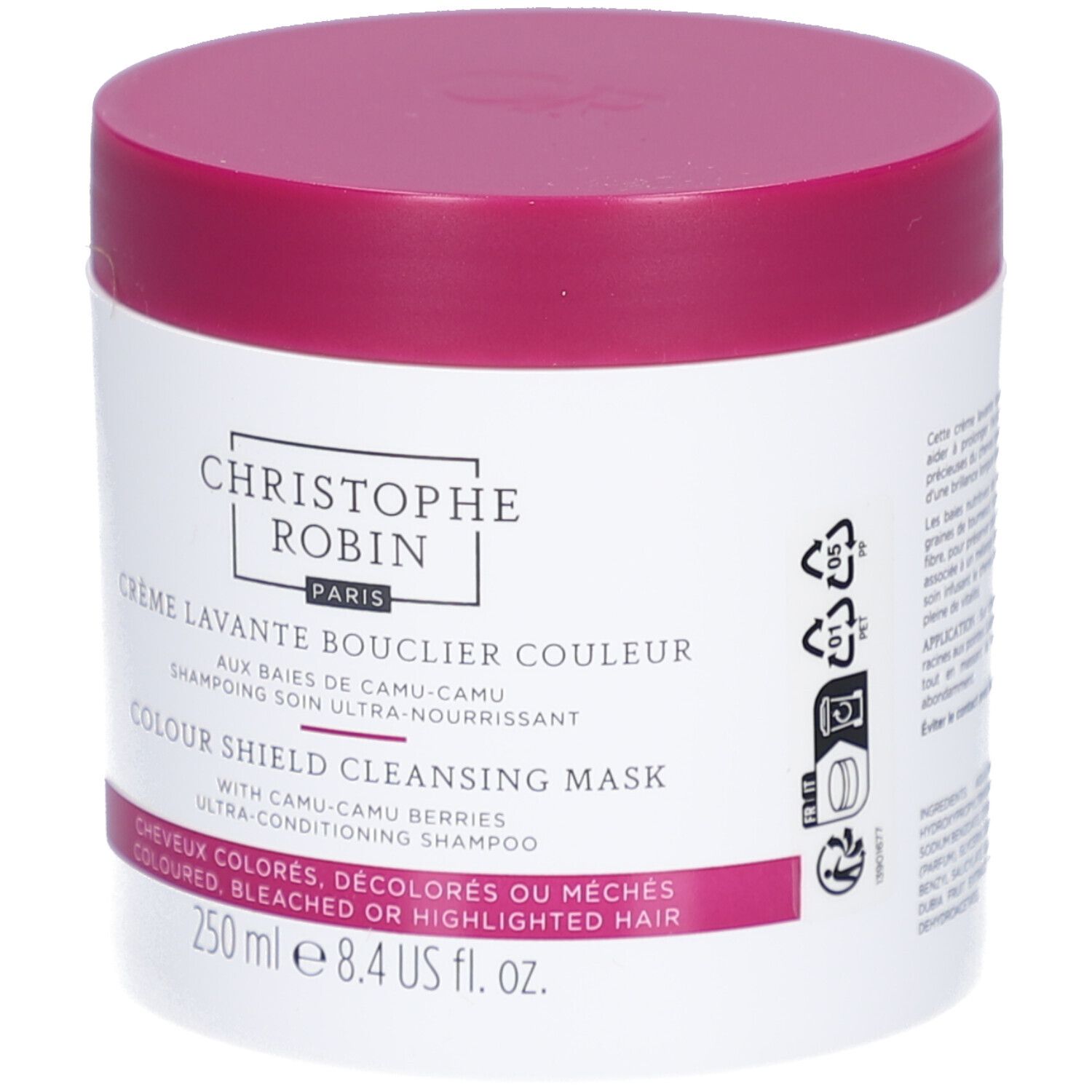Pot blanc, couvercle rose. Inscription: Christophe Robin, Crème Lavante Bouclier Couleur, Colour Shield Cleansing Mask.