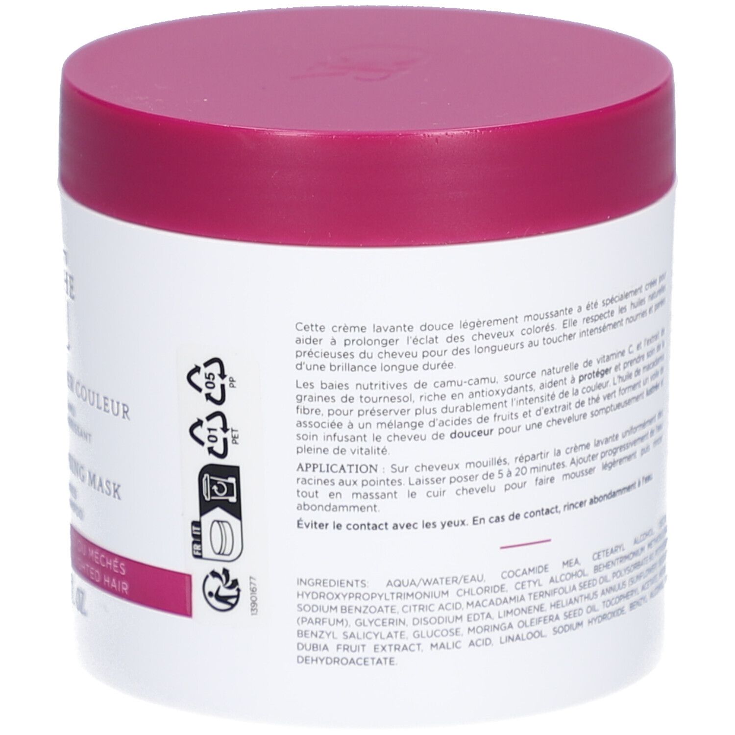 Pot blanc, couvercle rose. Texte au dos. Ingrédients et mode d'emploi.