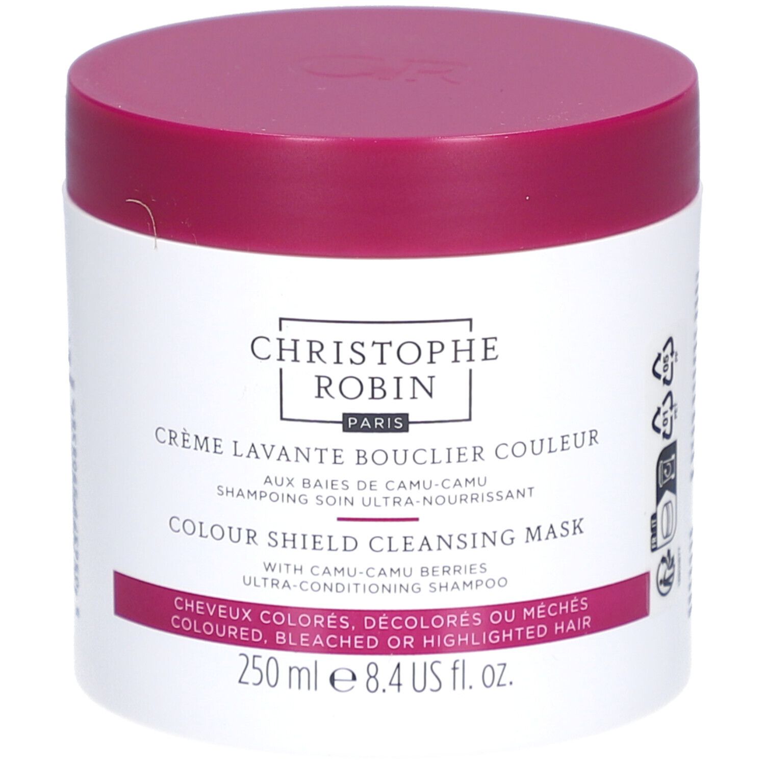 Pot blanc, couvercle rose. Inscription: Christophe Robin, Crème Lavante Bouclier Couleur, Colour Shield Cleansing Mask.