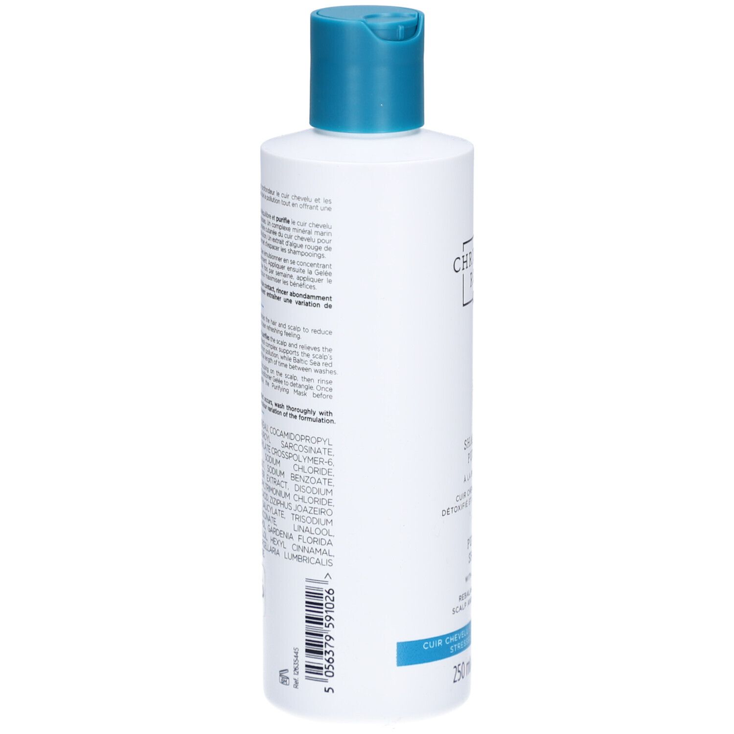 Dos du flacon blanc, bouchon bleu. Texte et ingrédients.