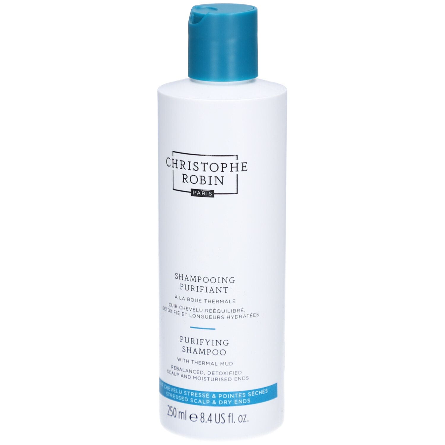 Flacon blanc, bouchon bleu. Texte: Christophe Robin, Shampooing Purifiant, 250 ml.