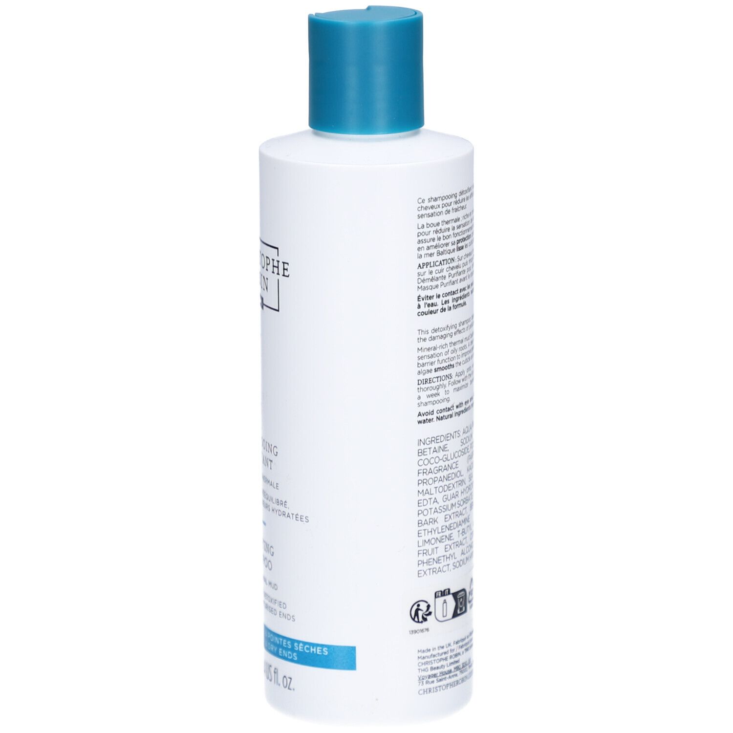 Dos du flacon blanc, bouchon bleu. Texte et ingrédients.