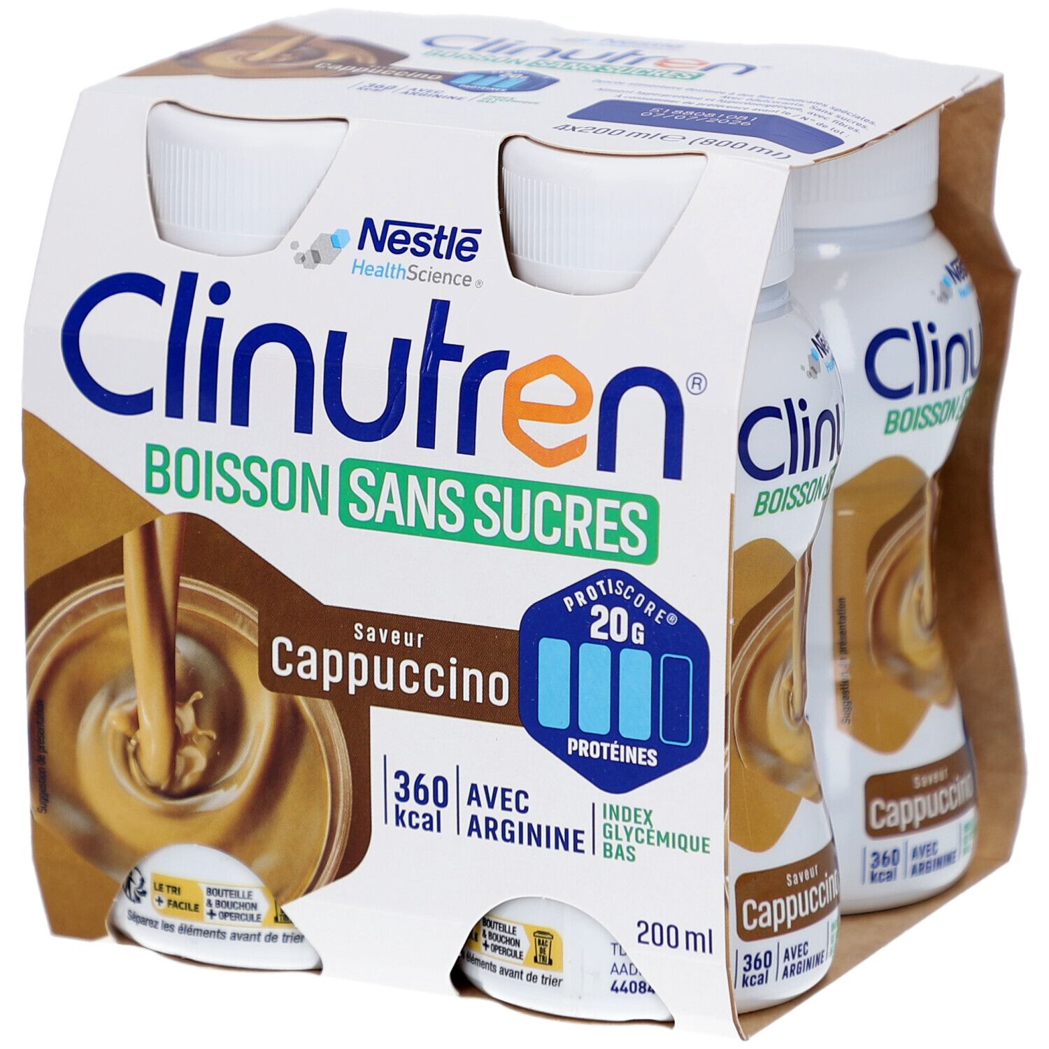 Emballage de quatre bouteilles Clinutren Boisson Sans Sucres Cappuccino. Contient 20g de protéines. Nestle.