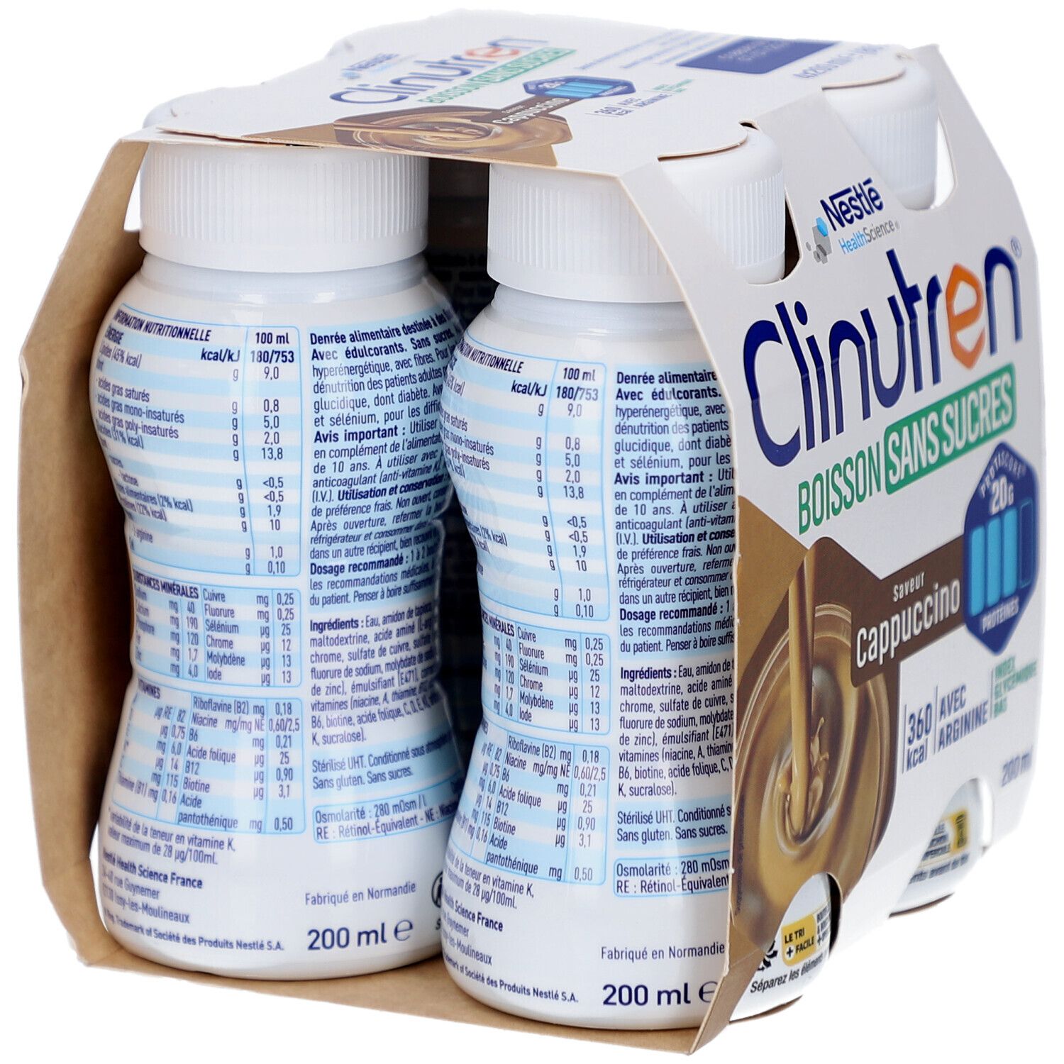 Emballage de quatre bouteilles Clinutren Boisson Sans Sucres Cappuccino. Informations nutritionnelles. Nestle.